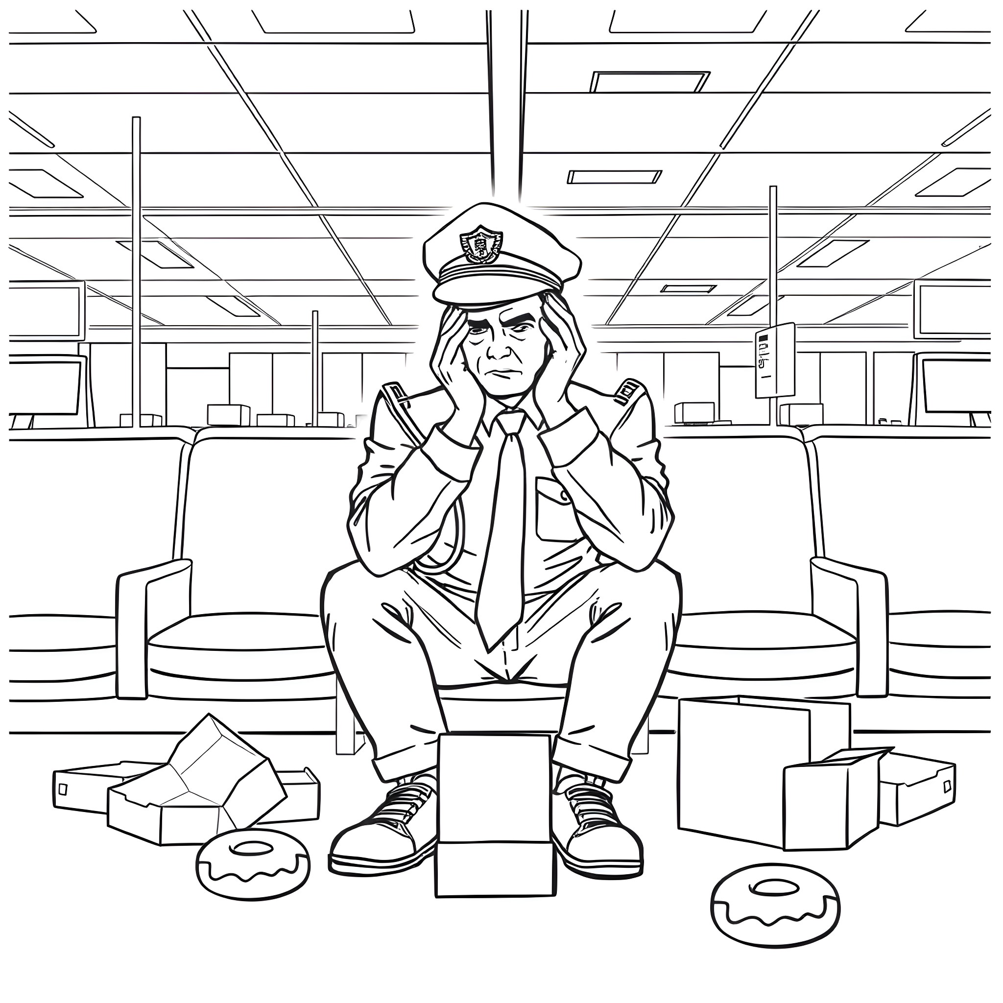Pilot resting in the airport lounge Coloring Page (free black-and-white line drawing printable PDF for all, from beginners to advanced learners, including children, teens, adults, and seniors)