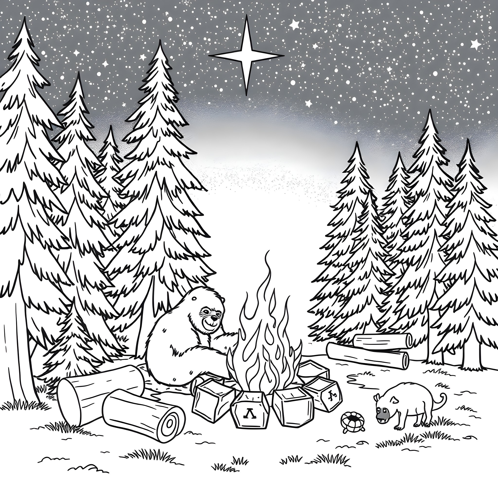 Sasquatch enjoying cozy winter campfire in snowy forest Coloring Page (free black-and-white line drawing printable PDF for all, from beginners to advanced learners, including children, teens, adults, and seniors)