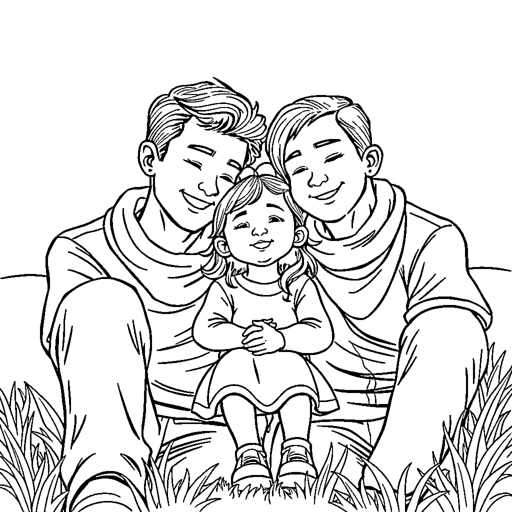 Family Enjoying Quality Time Outdoors Coloring Page (free black-and-white line drawing printable PDF for all, from beginners to advanced learners, including children, teens, adults, and seniors)