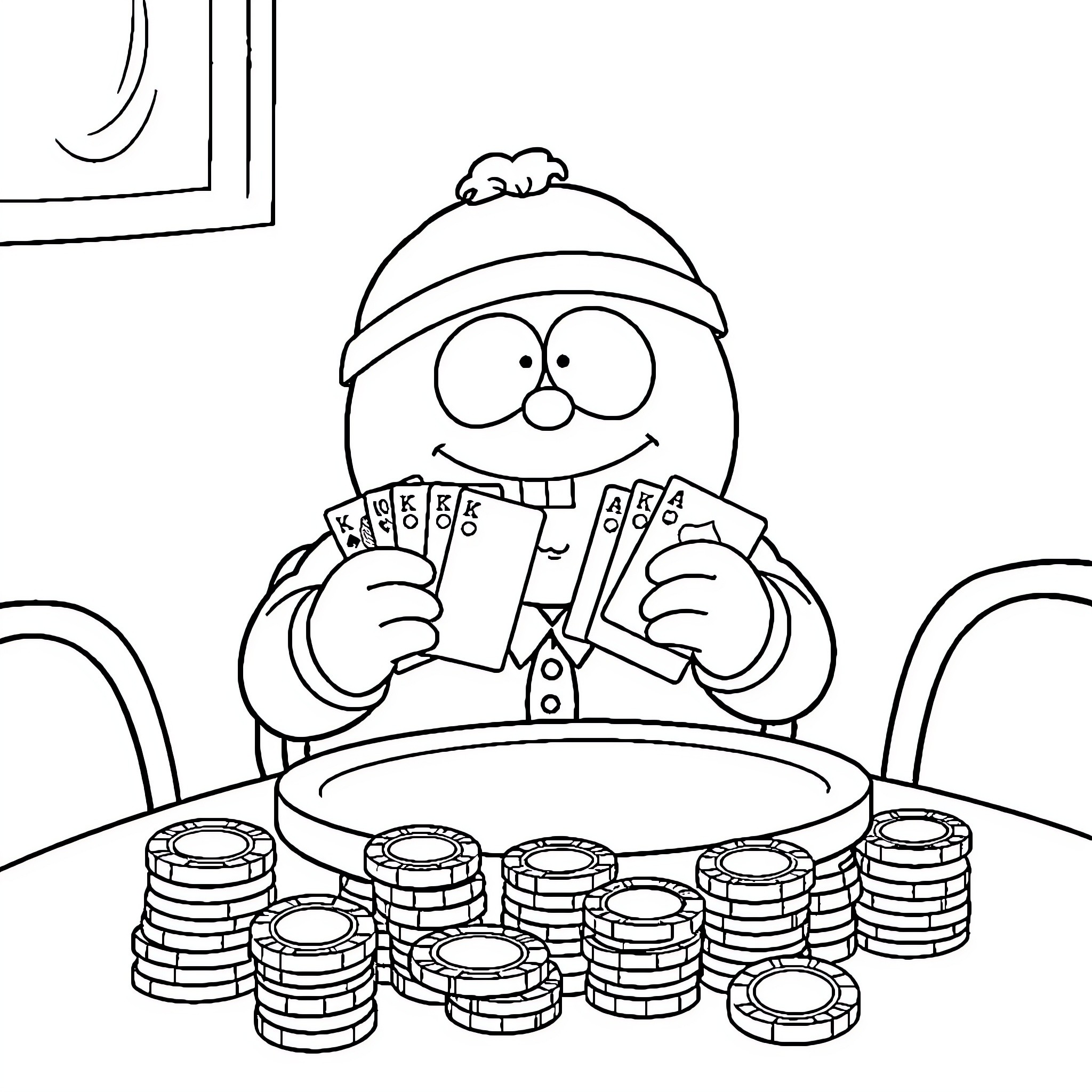 Cartman counting his poker winnings at the table Coloring Page (free black-and-white line drawing printable PDF for all, from beginners to advanced learners, including children, teens, adults, and seniors)