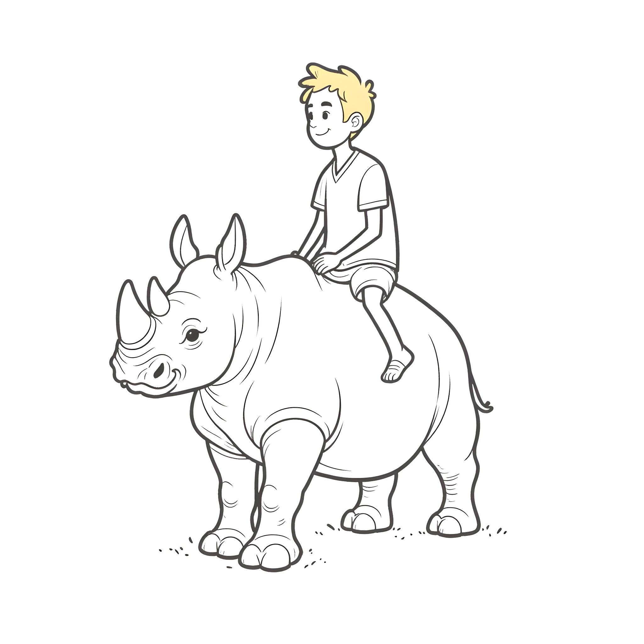 Trump riding a rhino with a smile Coloring Page (free black-and-white line drawing printable PDF for all, from beginners to advanced learners, including children, teens, adults, and seniors)