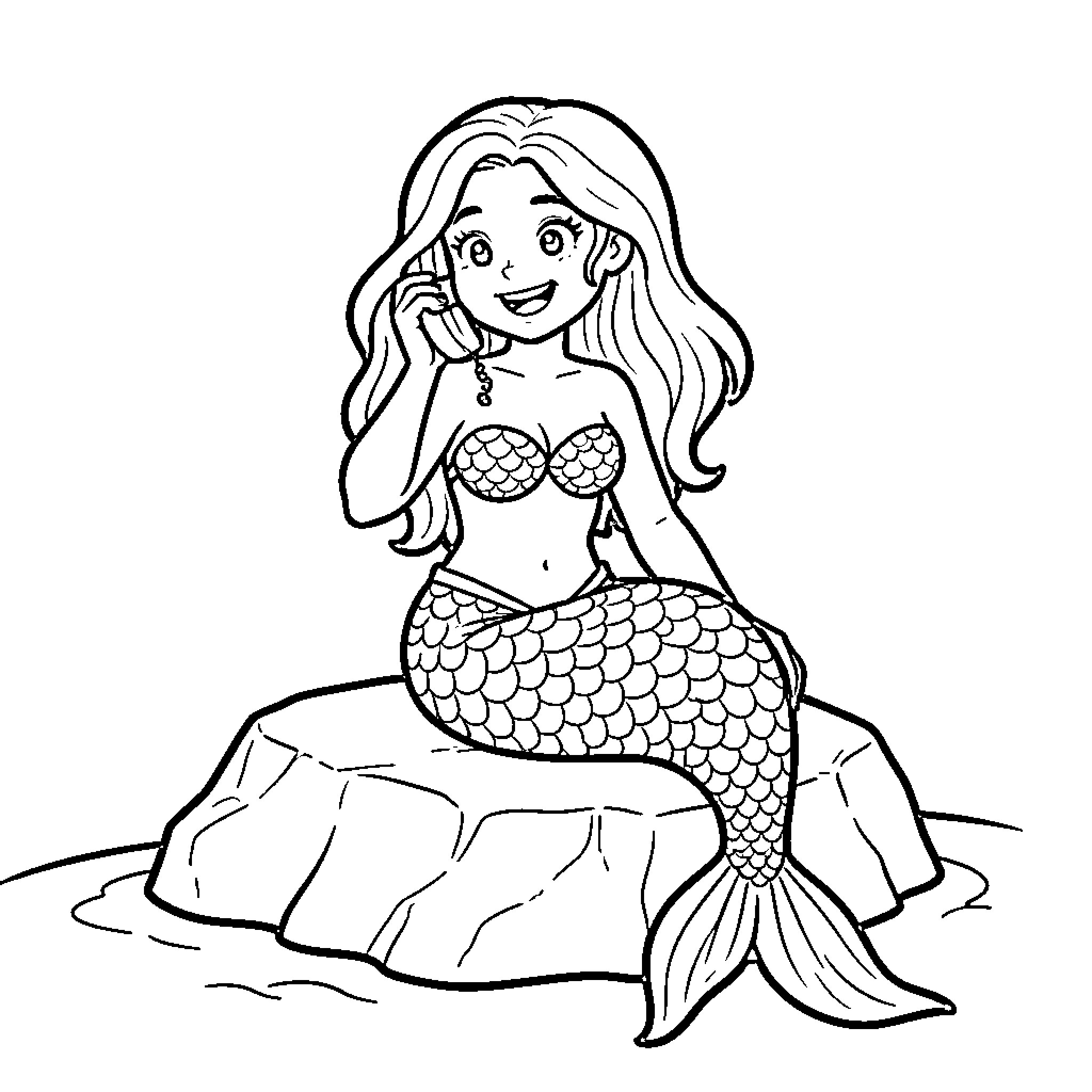 Mermaid sitting on a rock talking on the phone Coloring Page (free black-and-white line drawing printable PDF for all, from beginners to advanced learners, including children, teens, adults, and seniors)