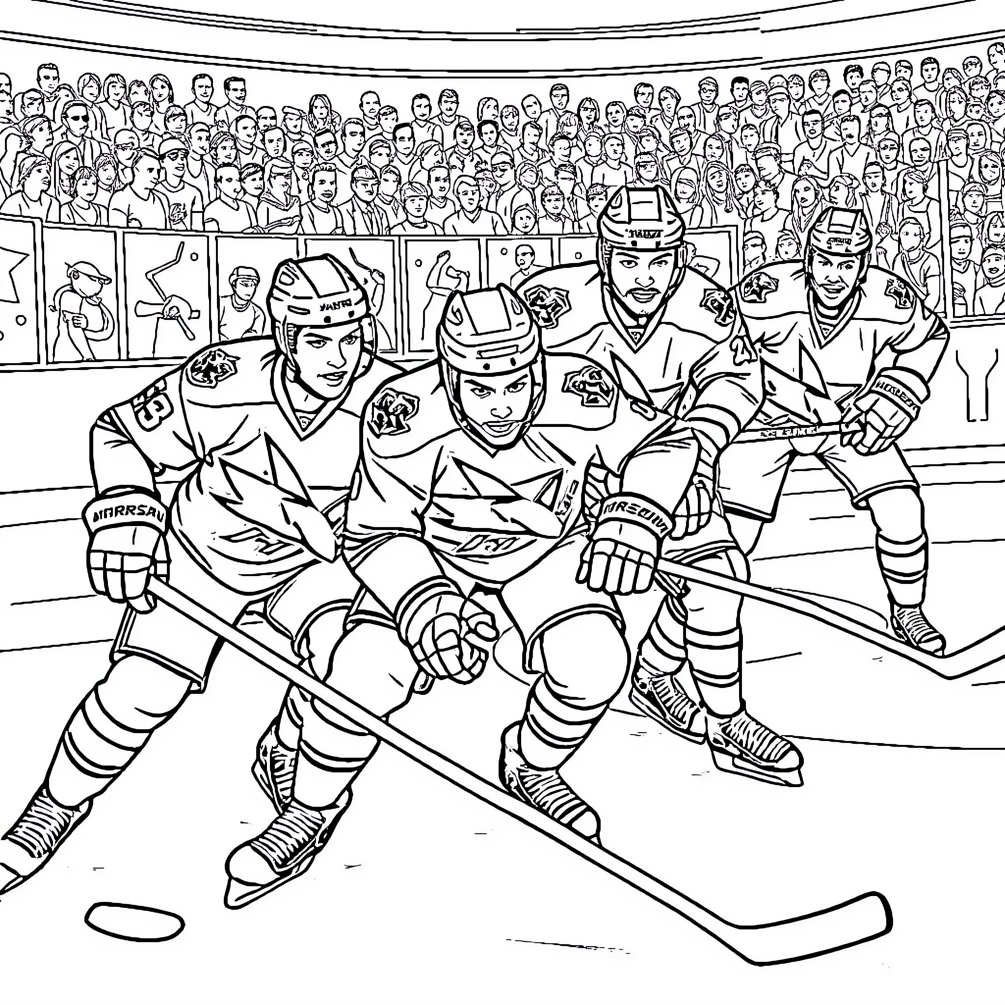 Shark hockey players competing intensely on the ice Coloring Page (free black-and-white line drawing printable PDF for all, from beginners to advanced learners, including children, teens, adults, and seniors)