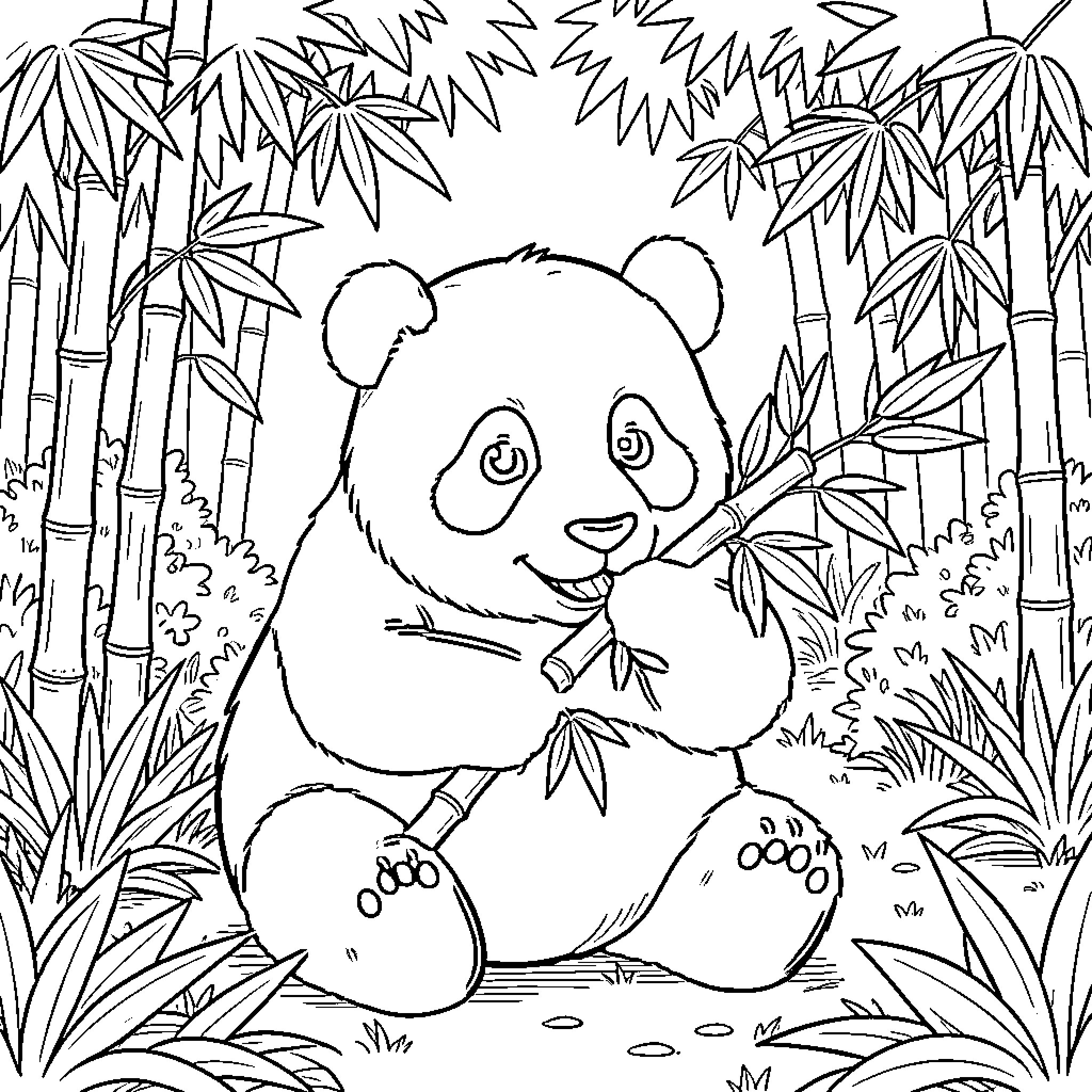 Panda enjoying bamboo in the jungle Coloring Page (free black-and-white line drawing printable PDF for all, from beginners to advanced learners, including children, teens, adults, and seniors)