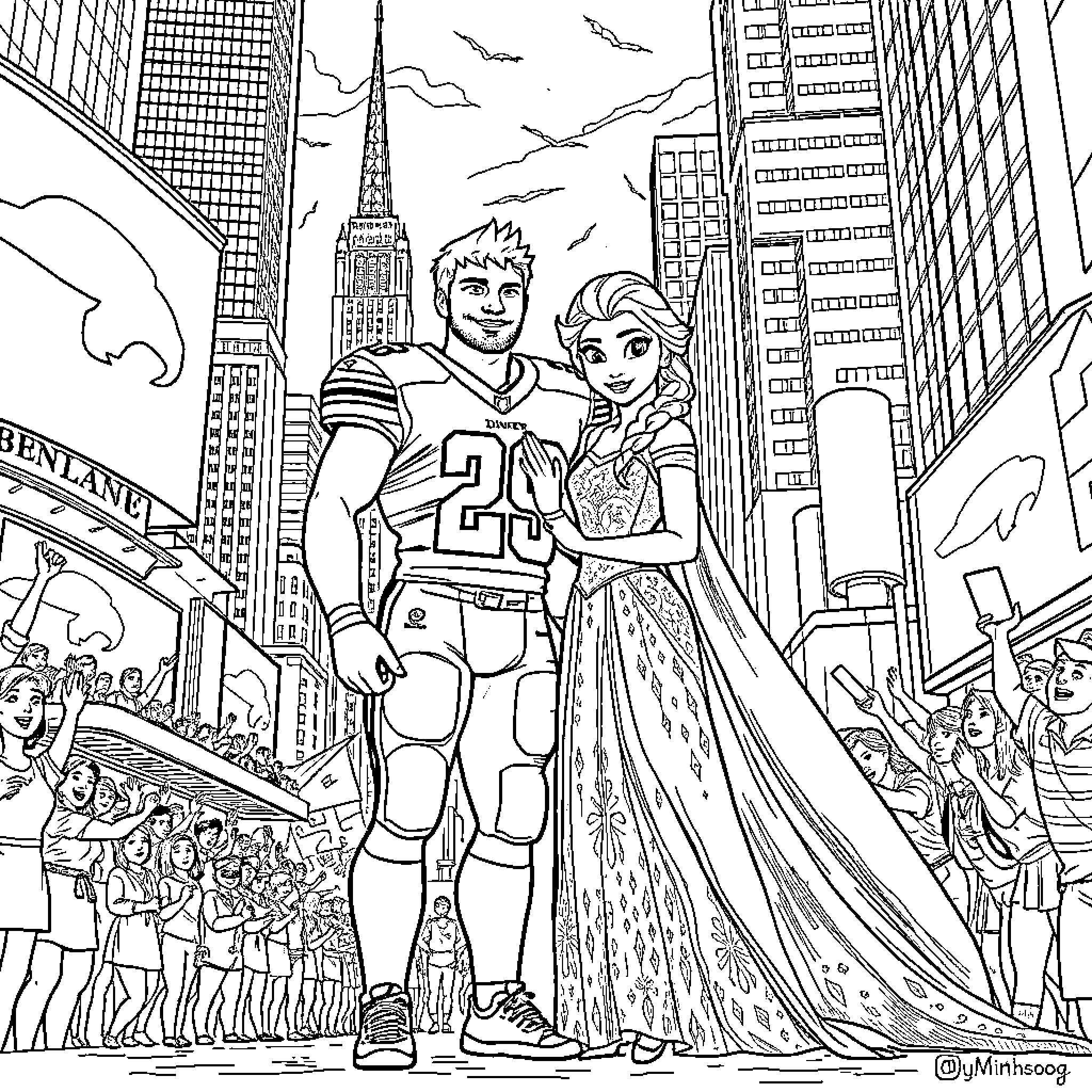 Elsa and a Football Player in the Big City Coloring Page (free black-and-white line drawing printable PDF for all, from beginners to advanced learners, including children, teens, adults, and seniors)