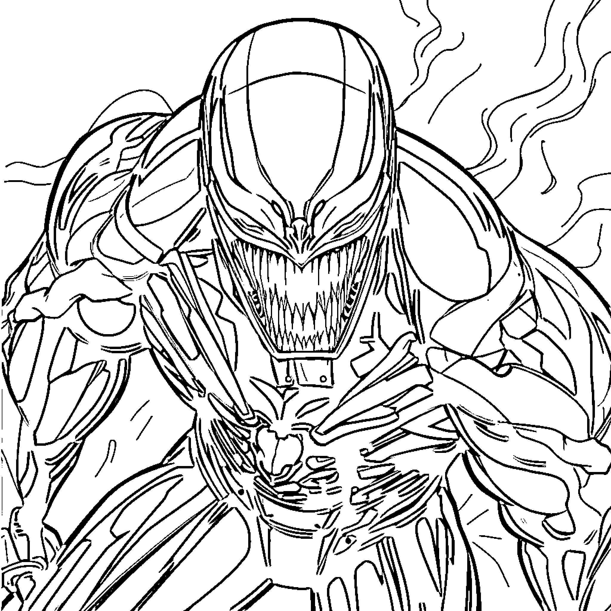 Venom Ironman unleashing fierce power Coloring Page (free black-and-white line drawing printable PDF for all, from beginners to advanced learners, including children, teens, adults, and seniors)