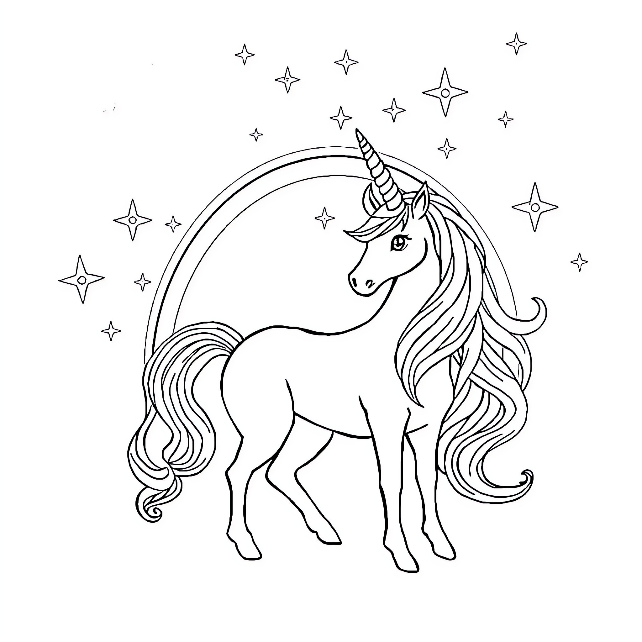 Licorne gazing at the starry sky Coloring Page (free black-and-white line drawing printable PDF for all, from beginners to advanced learners, including children, teens, adults, and seniors)