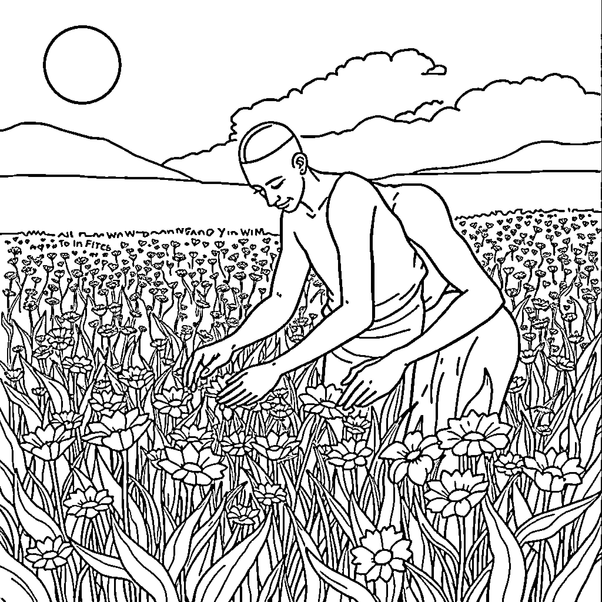 Man tending to a field of flowers Coloring Page (free black-and-white line drawing printable PDF for all, from beginners to advanced learners, including children, teens, adults, and seniors)