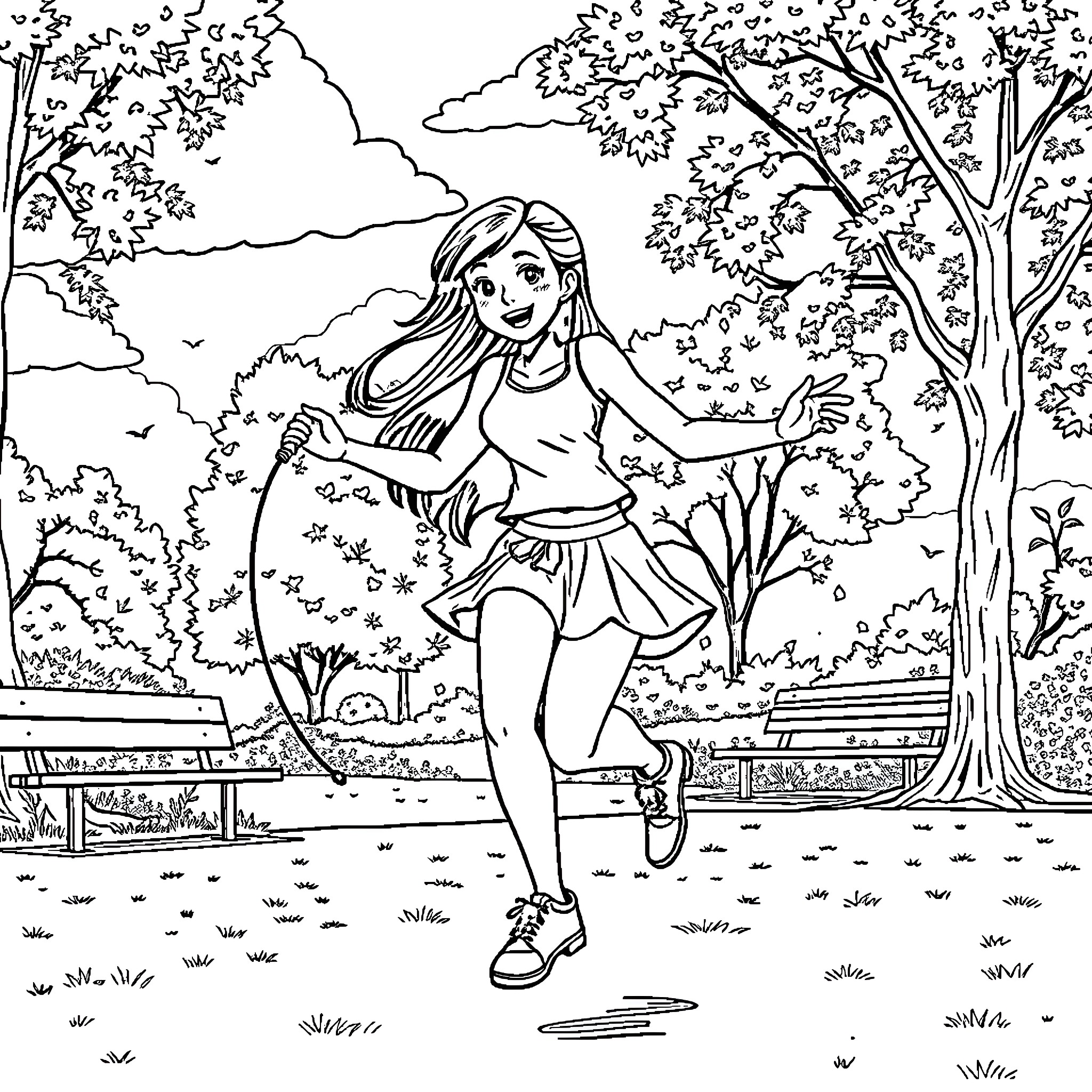 Tifa Lockhart enjoying the outdoors in a natural setting Coloring Page (free black-and-white line drawing printable PDF for all, from beginners to advanced learners, including children, teens, adults, and seniors)