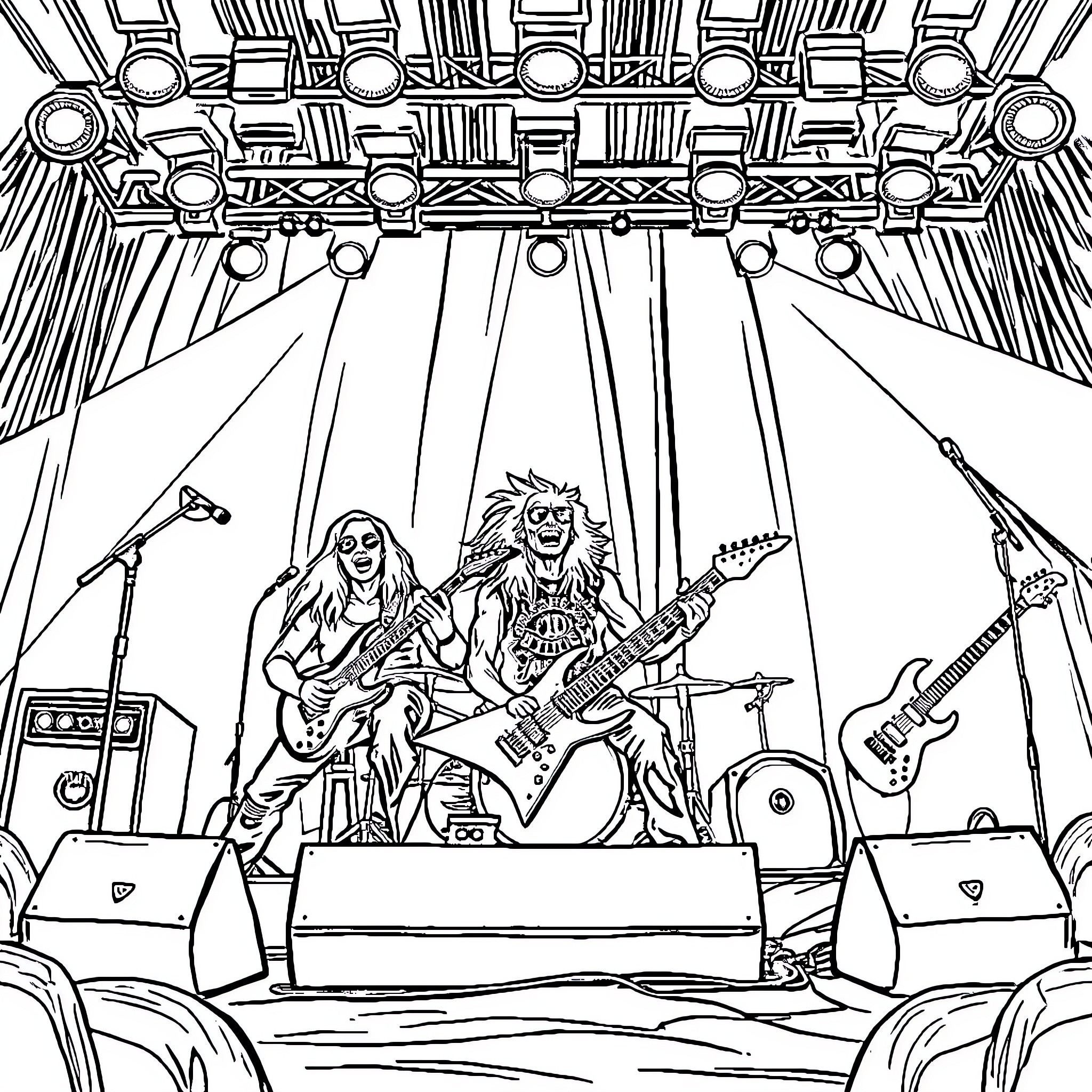 Band performing lively music on stage Coloring Page (free black-and-white line drawing printable PDF for all, from beginners to advanced learners, including children, teens, adults, and seniors)