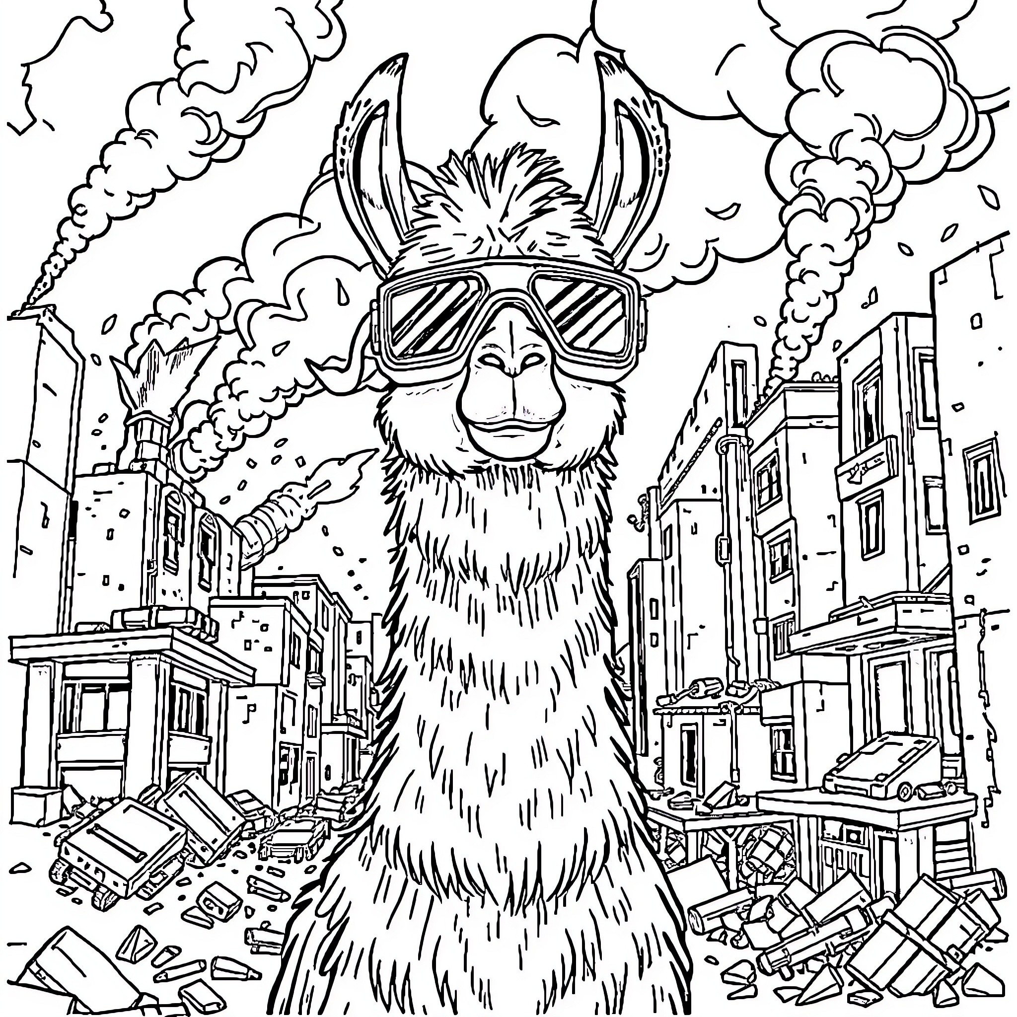 Llama adventuring through a chaotic city scene Coloring Page (free black-and-white line drawing printable PDF for all, from beginners to advanced learners, including children, teens, adults, and seniors)