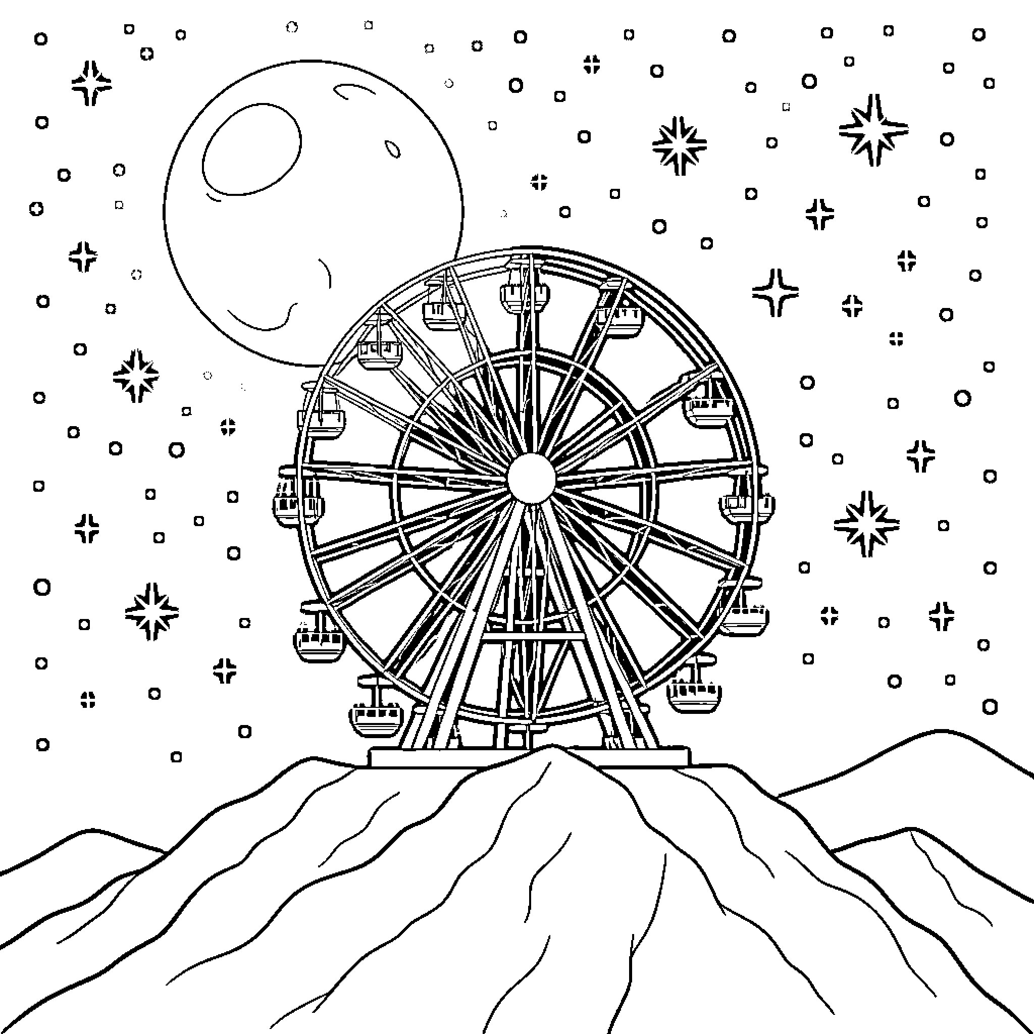 Noria under the Starry Sky Coloring Page (free black-and-white line drawing printable PDF for all, from beginners to advanced learners, including children, teens, adults, and seniors)