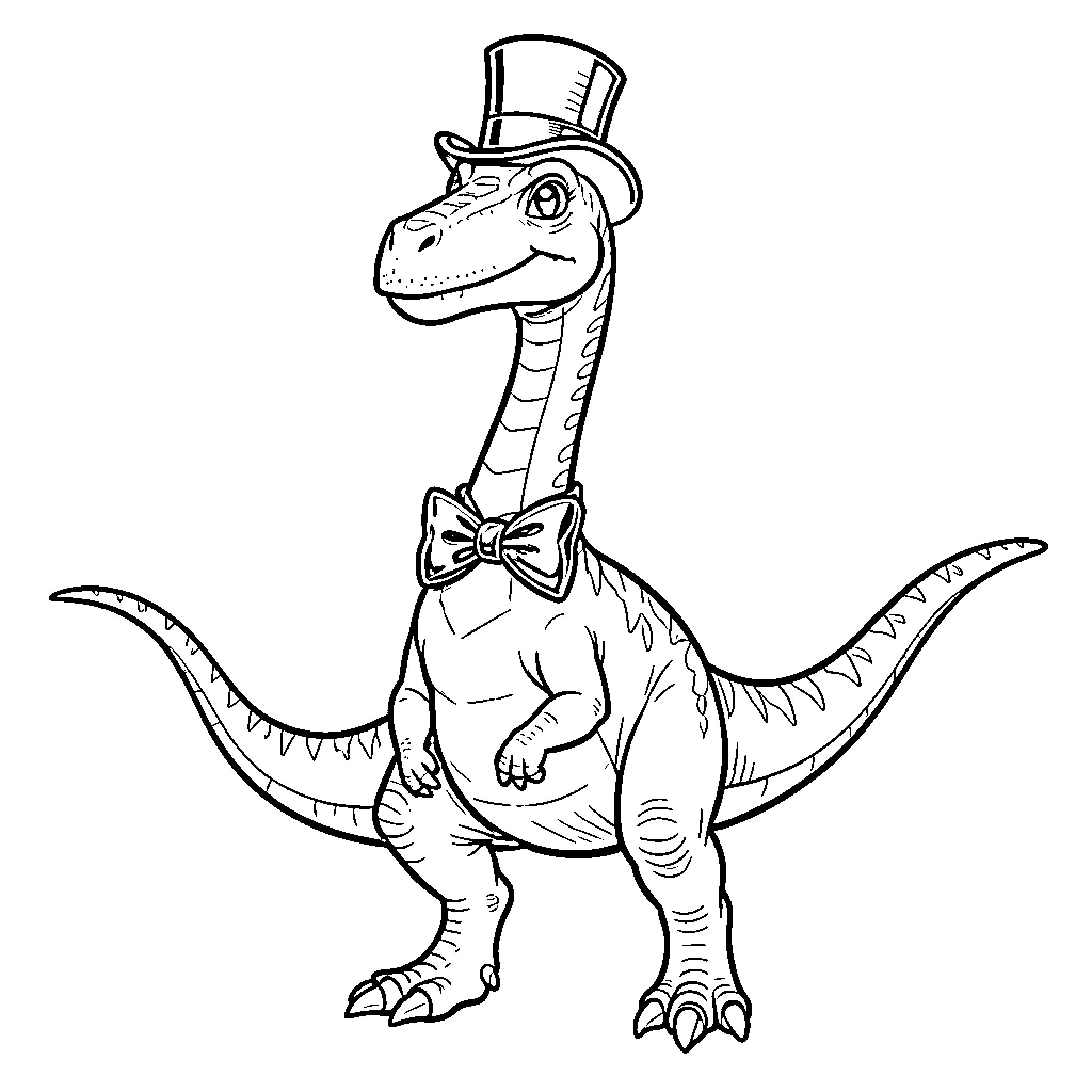Dinosaur wearing a top hat and bow tie Coloring Page (free black-and-white line drawing printable PDF for all, from beginners to advanced learners, including children, teens, adults, and seniors)