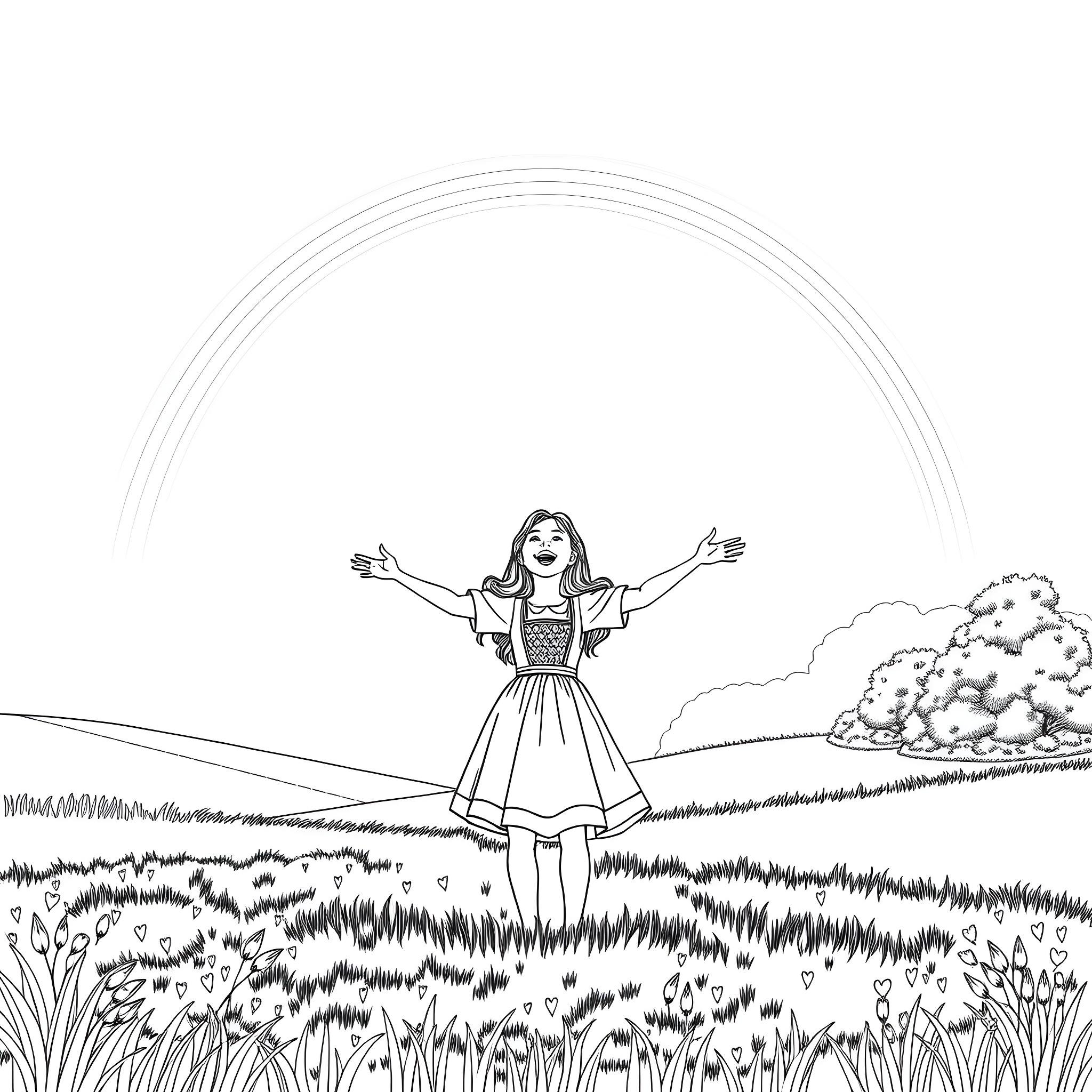 Dorothy's Joyful Embrace of Nature Coloring Page (free black-and-white line drawing printable PDF for all, from beginners to advanced learners, including children, teens, adults, and seniors)