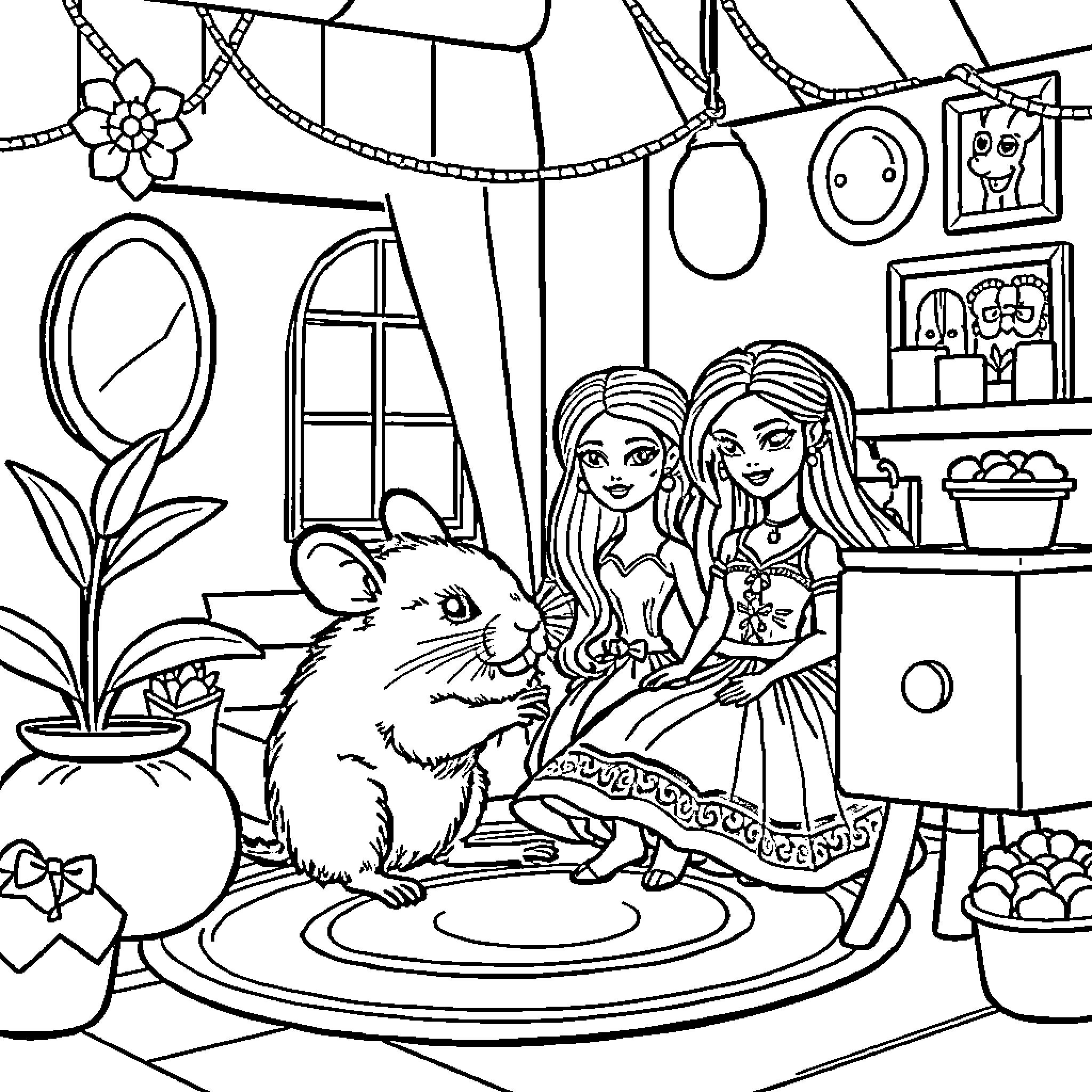 Mouse plays with fashionable girls in cozy room Coloring Page (free black-and-white line drawing printable PDF for all, from beginners to advanced learners, including children, teens, adults, and seniors)