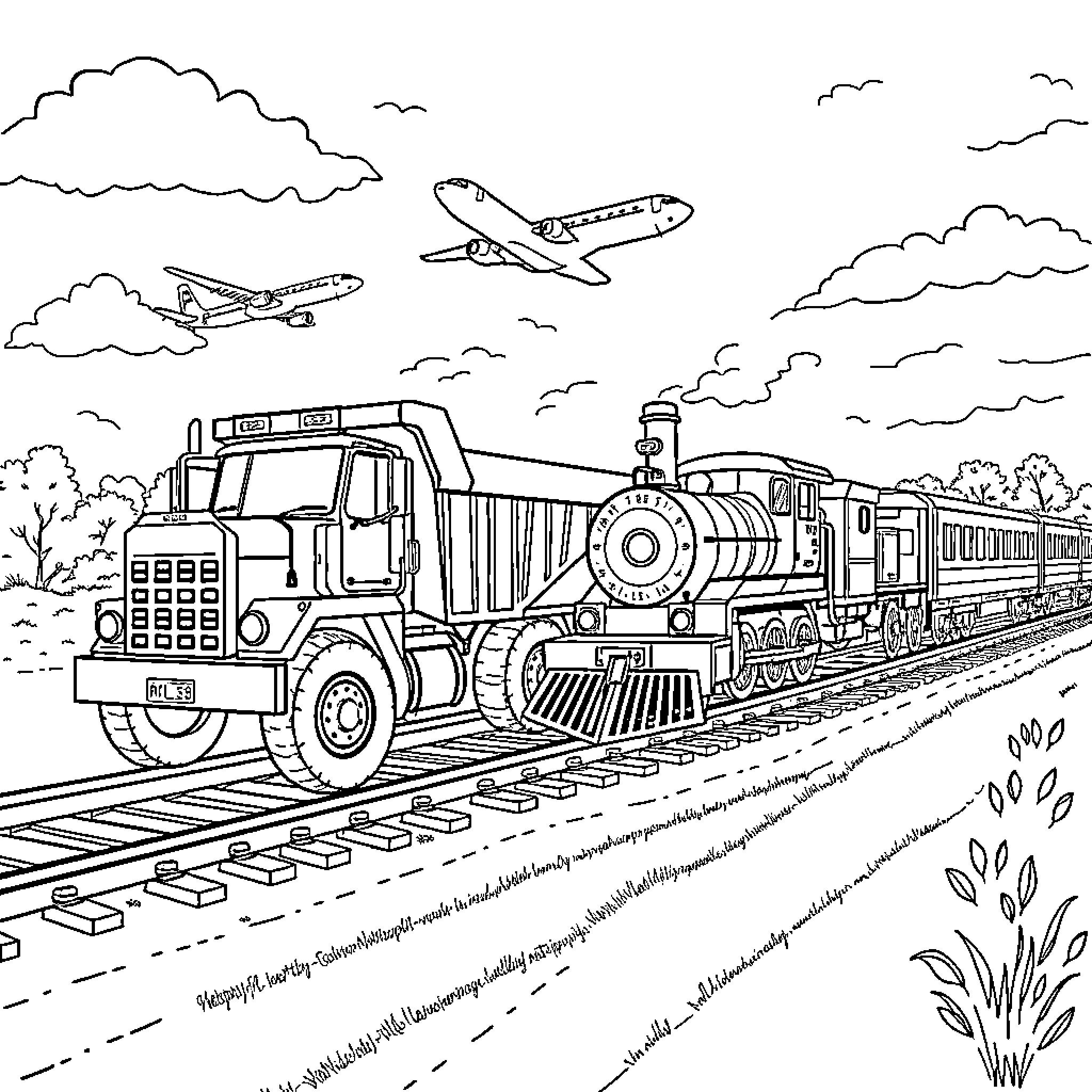 Dump Truck Transporting Freight on Train Tracks Coloring Page (free black-and-white line drawing printable PDF for all, from beginners to advanced learners, including children, teens, adults, and seniors)