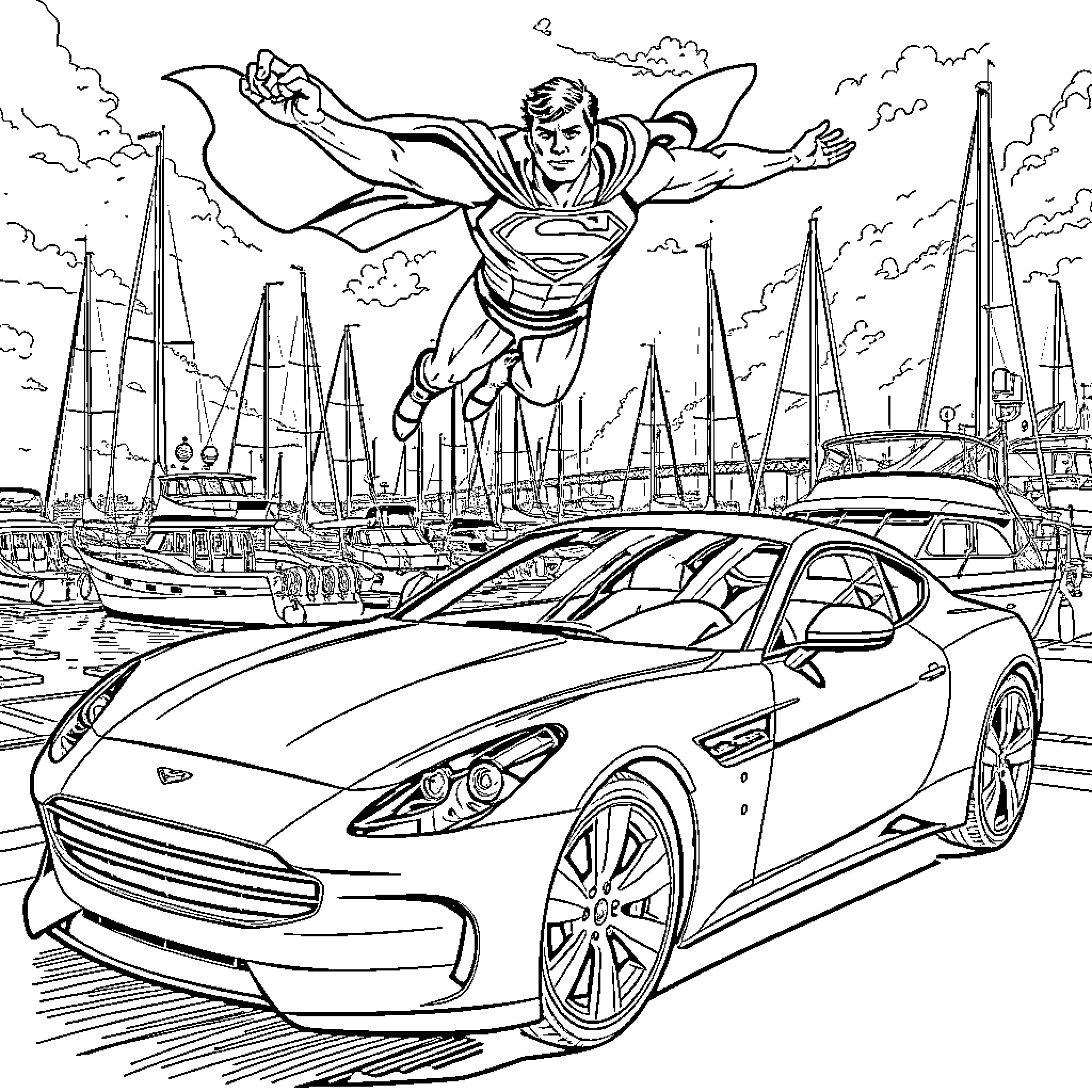 Superman soaring over a city with sports cars Coloring Page (free black-and-white line drawing printable PDF for all, from beginners to advanced learners, including children, teens, adults, and seniors)