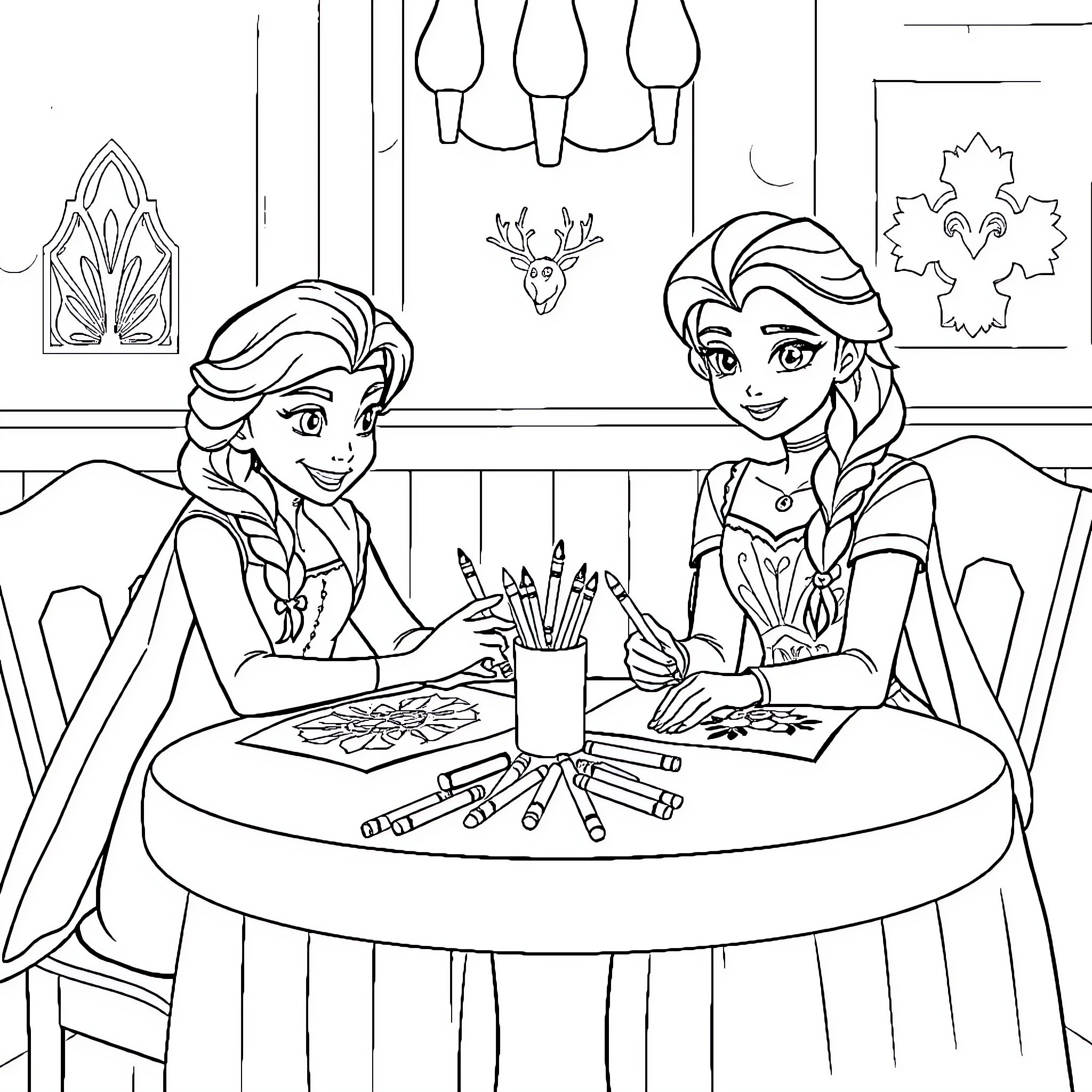 Elsa and Anna Enjoying Art and Crafts Together Coloring Page (free black-and-white line drawing printable PDF for all, from beginners to advanced learners, including children, teens, adults, and seniors)