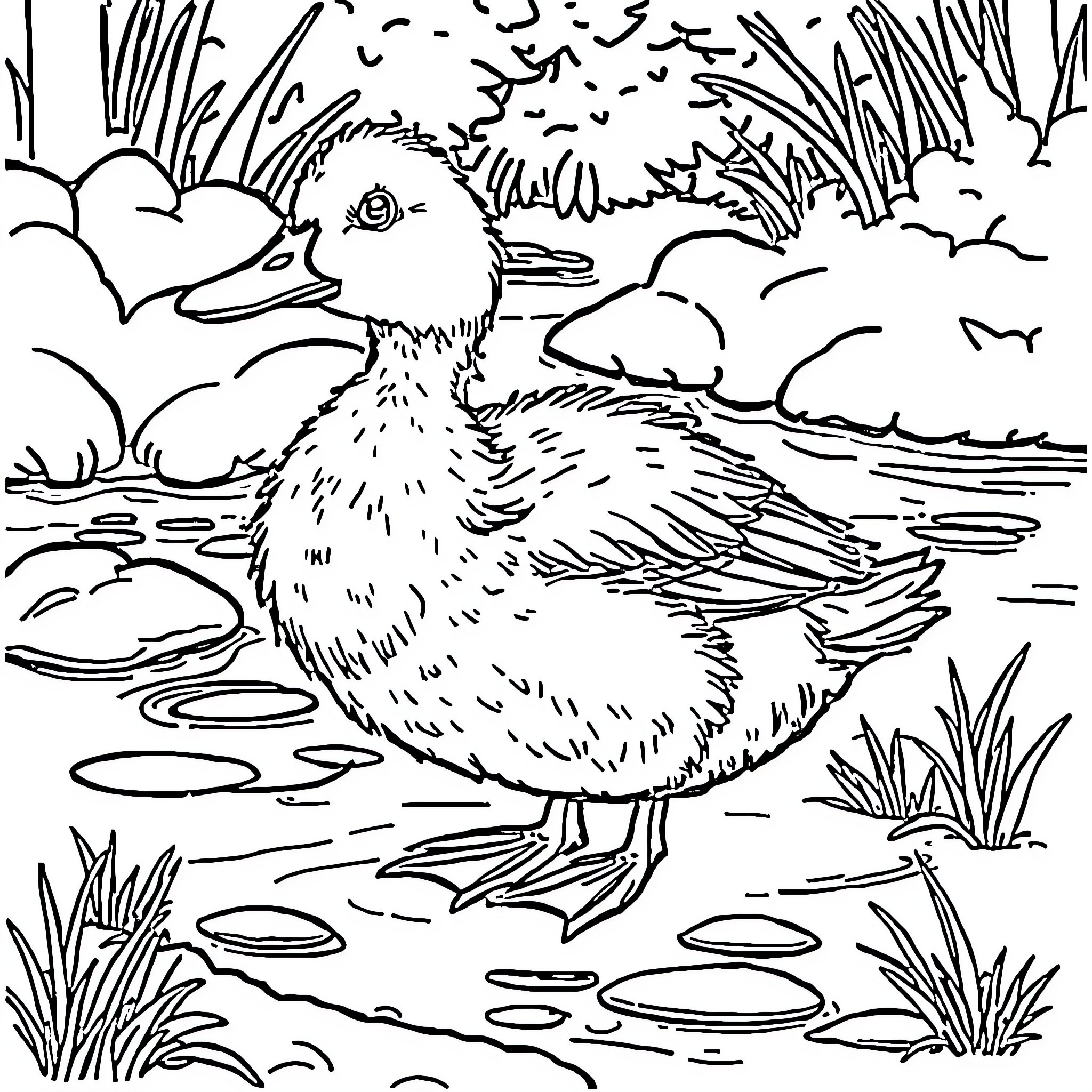 Duck exploring the pond in nature Coloring Page (free black-and-white line drawing printable PDF for all, from beginners to advanced learners, including children, teens, adults, and seniors)
