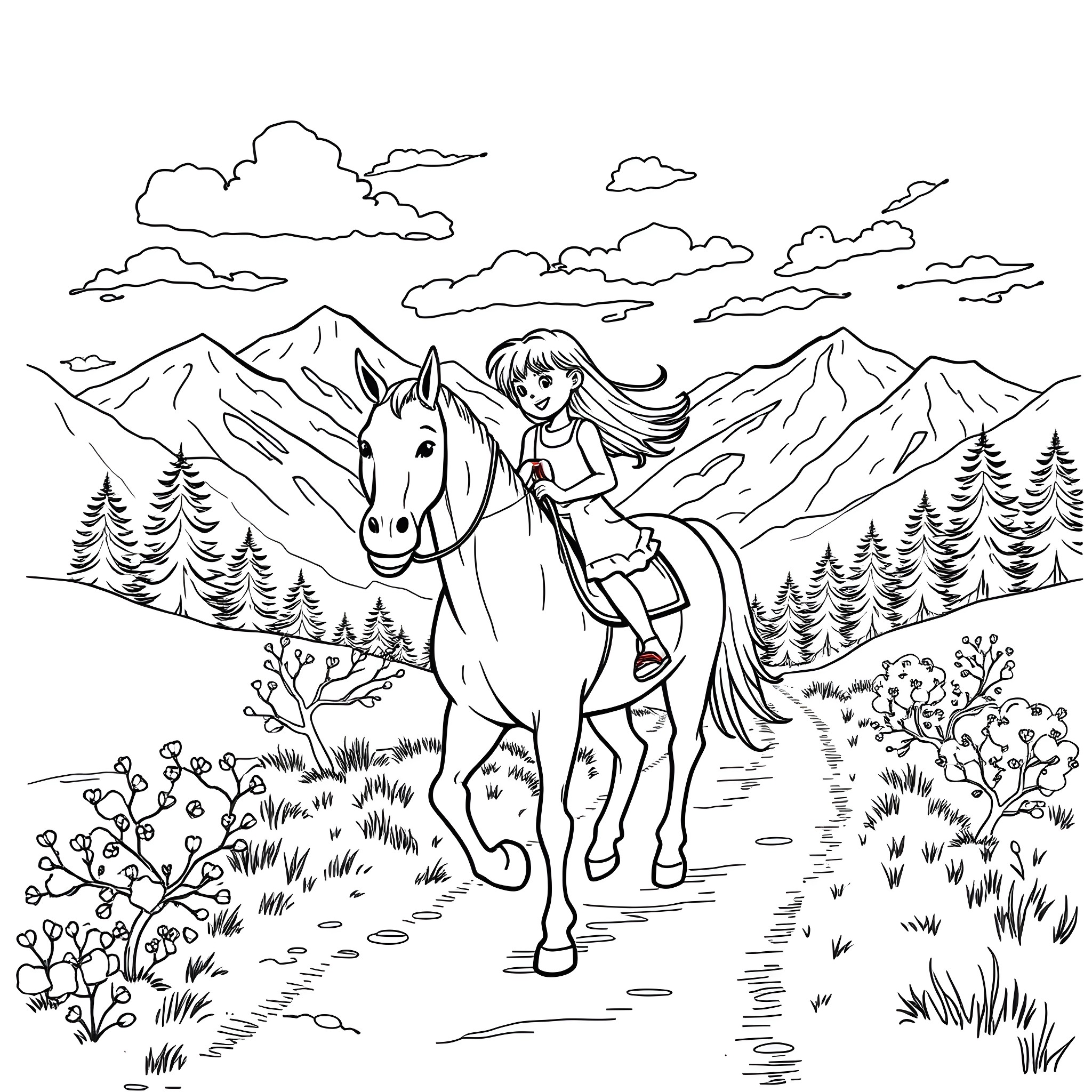 Girl riding a horse in the mountain landscape Coloring Page (free black-and-white line drawing printable PDF for all, from beginners to advanced learners, including children, teens, adults, and seniors)