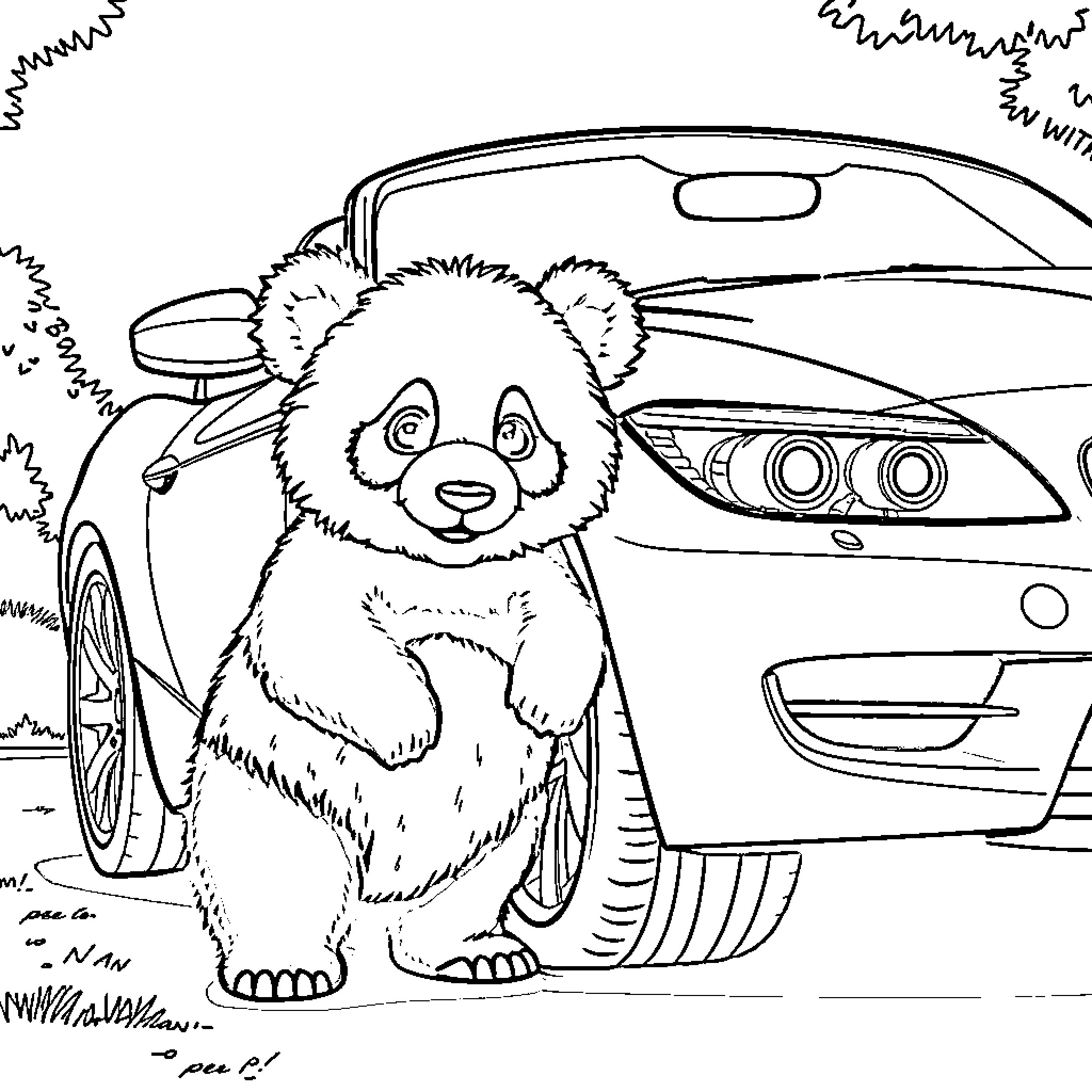 Panda posing by a sports car Coloring Page (free black-and-white line drawing printable PDF for all, from beginners to advanced learners, including children, teens, adults, and seniors)