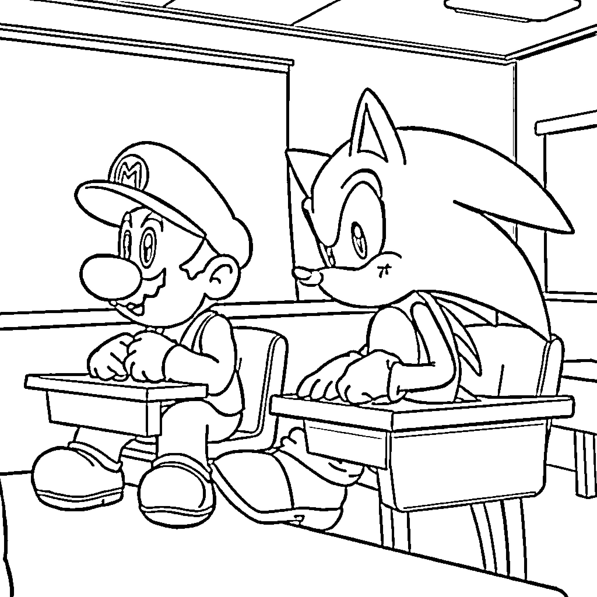 Mario and Sonic having a friendly conversation Coloring Page (free black-and-white line drawing printable PDF for all, from beginners to advanced learners, including children, teens, adults, and seniors)