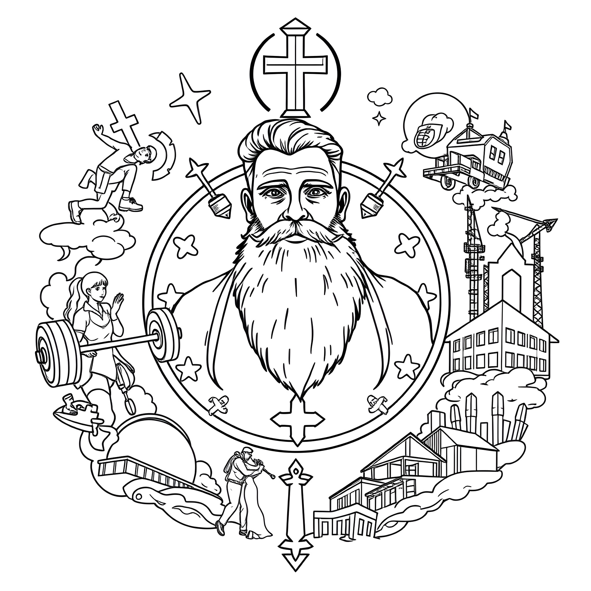 Man with Beard and Cross in Symbolic Scene Coloring Page (free black-and-white line drawing printable PDF for all, from beginners to advanced learners, including children, teens, adults, and seniors)
