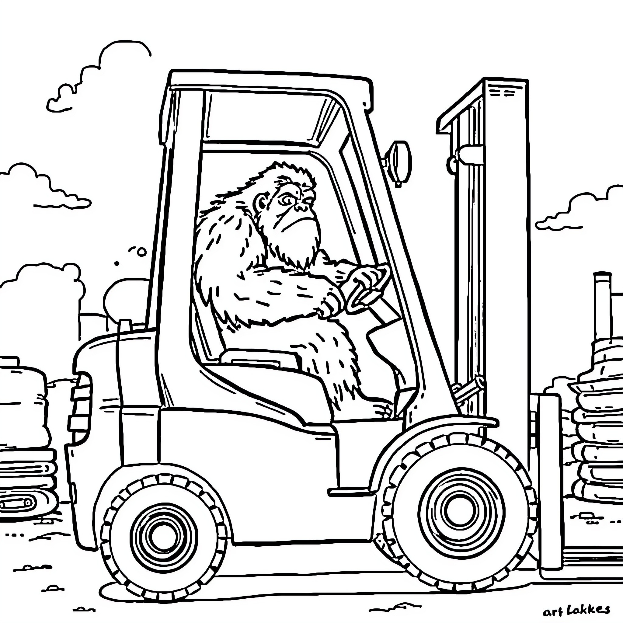 Bigfoot operating a forklift in an industrial setting Coloring Page (free black-and-white line drawing printable PDF for all, from beginners to advanced learners, including children, teens, adults, and seniors)