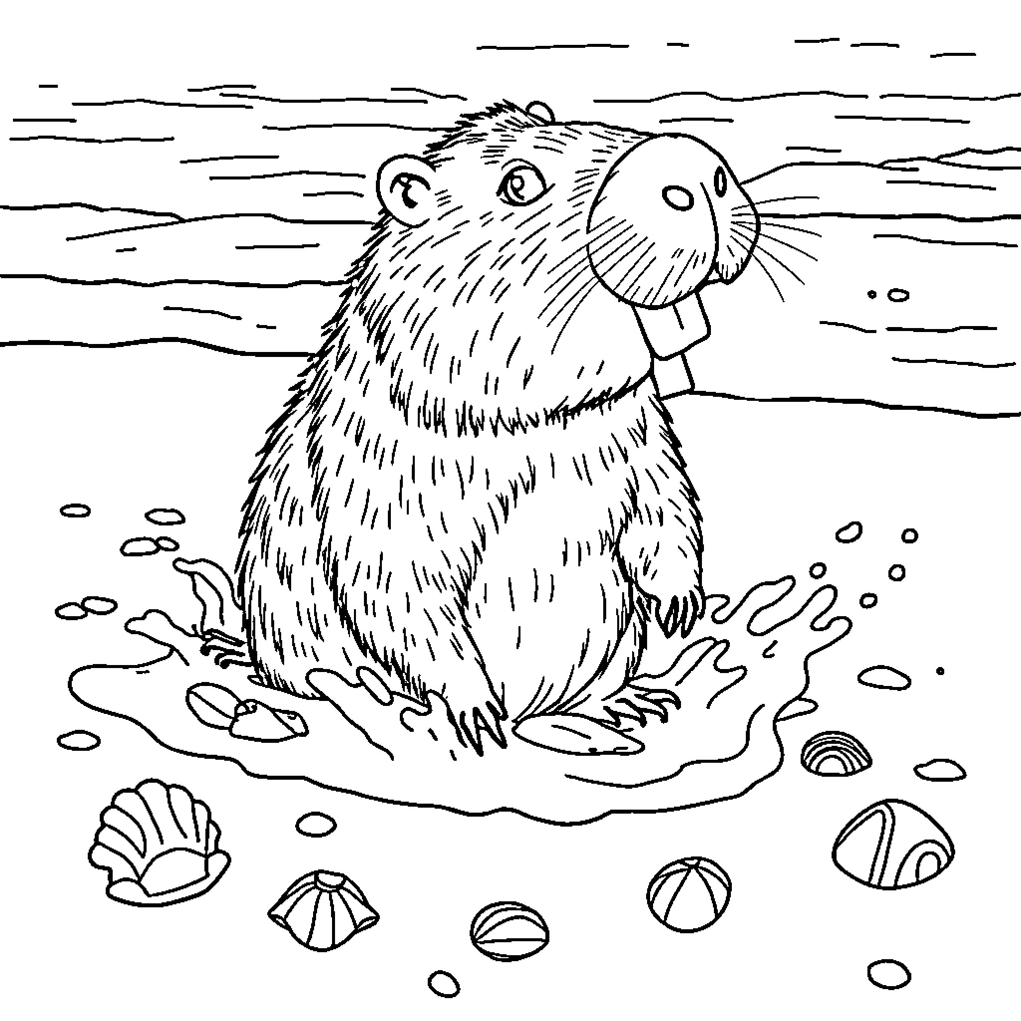 Capybara enjoying a day at the beach Coloring Page (free black-and-white line drawing printable PDF for all, from beginners to advanced learners, including children, teens, adults, and seniors)