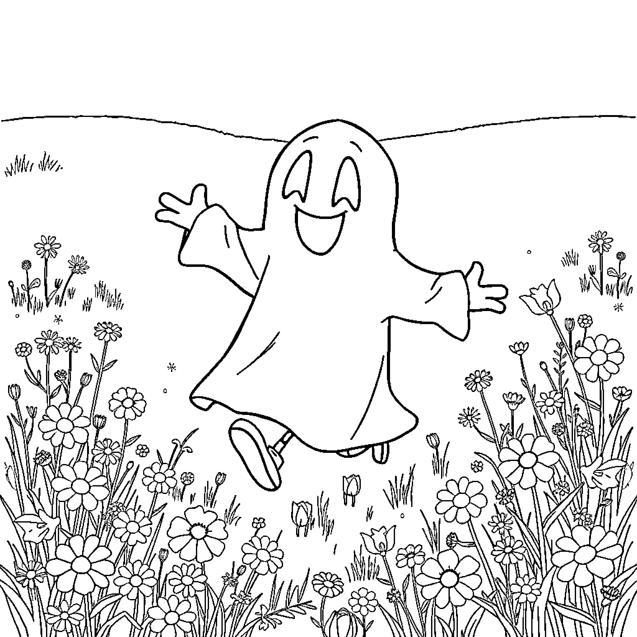 Ghostface dancing joyfully in a field of flowers Coloring Page (free black-and-white line drawing printable PDF for all, from beginners to advanced learners, including children, teens, adults, and seniors)