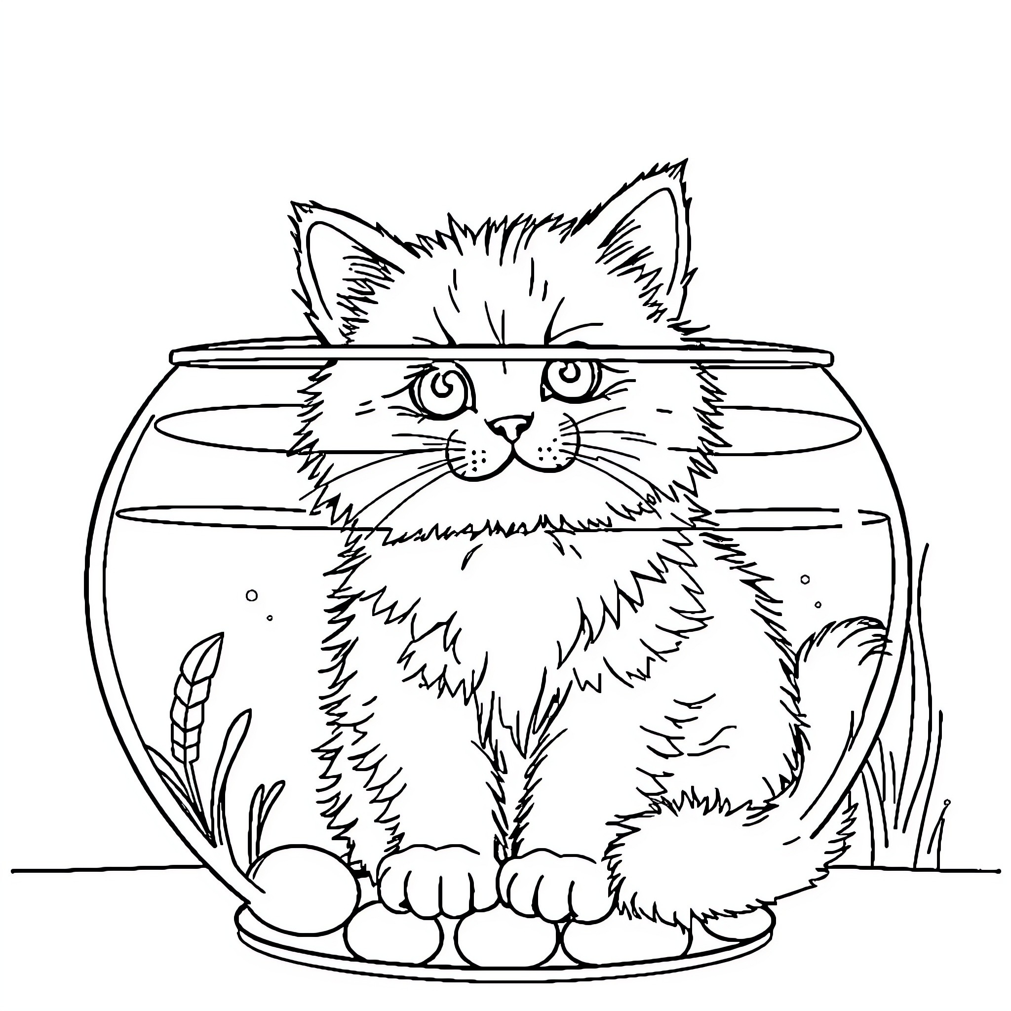 Cat peering curiously from a fish bowl Coloring Page (free black-and-white line drawing printable PDF for all, from beginners to advanced learners, including children, teens, adults, and seniors)