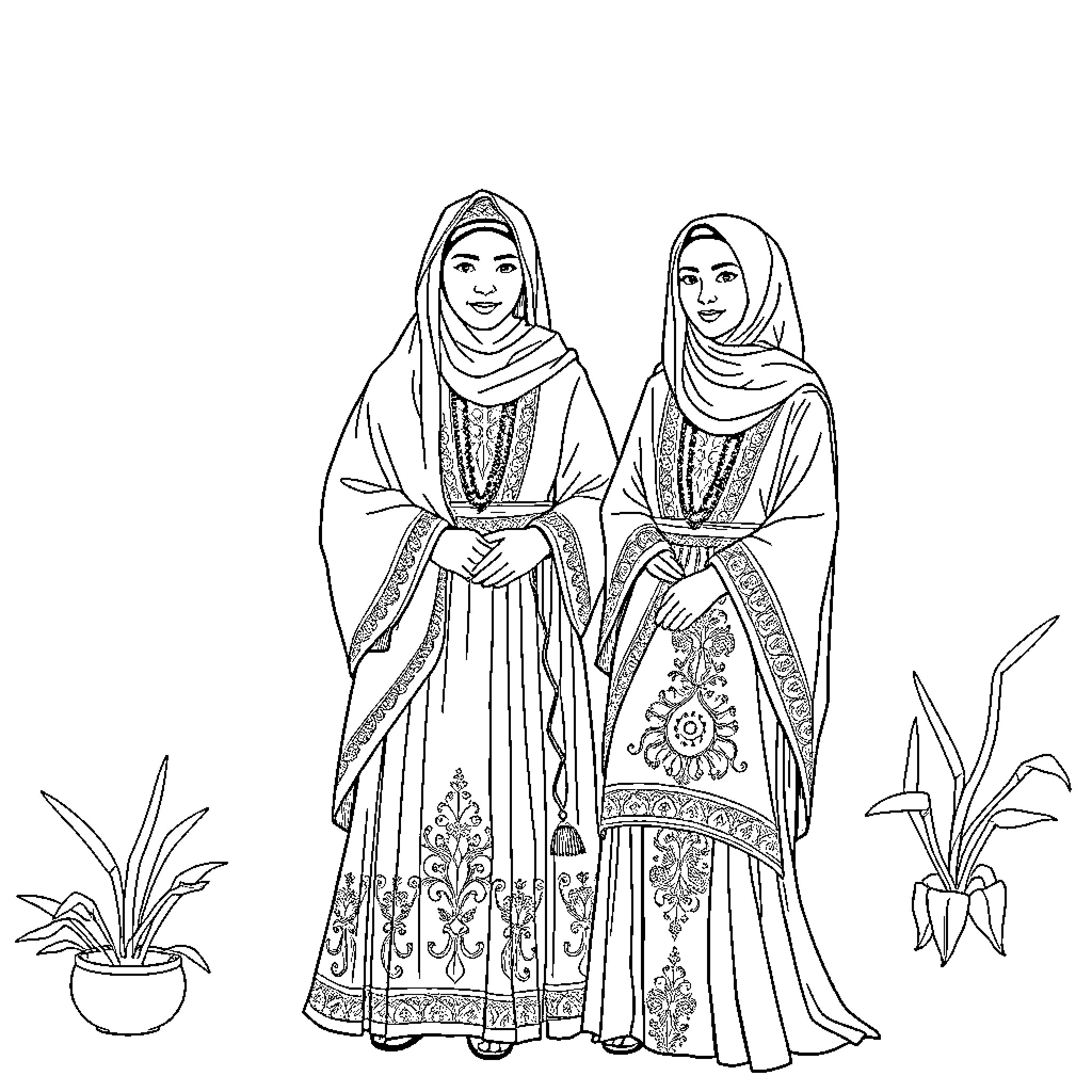 Tunique Two Women in Traditional Outfits Coloring Page (free black-and-white line drawing printable PDF for all, from beginners to advanced learners, including children, teens, adults, and seniors)