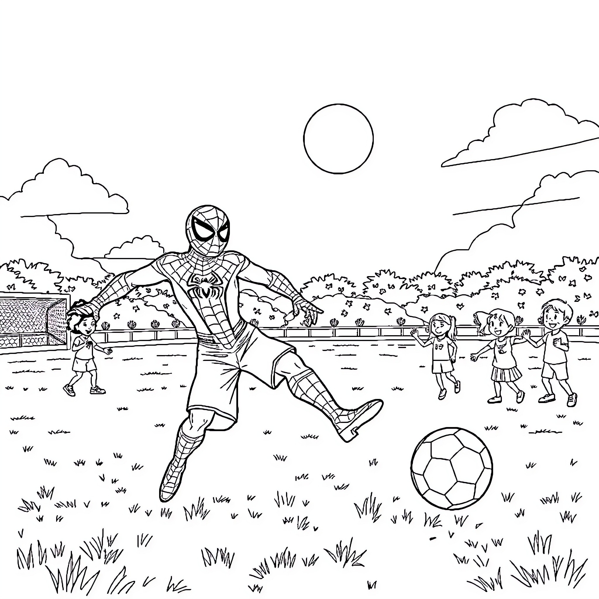 Spider-Man playing soccer with children in the park Coloring Page (free black-and-white line drawing printable PDF for all, from beginners to advanced learners, including children, teens, adults, and seniors)