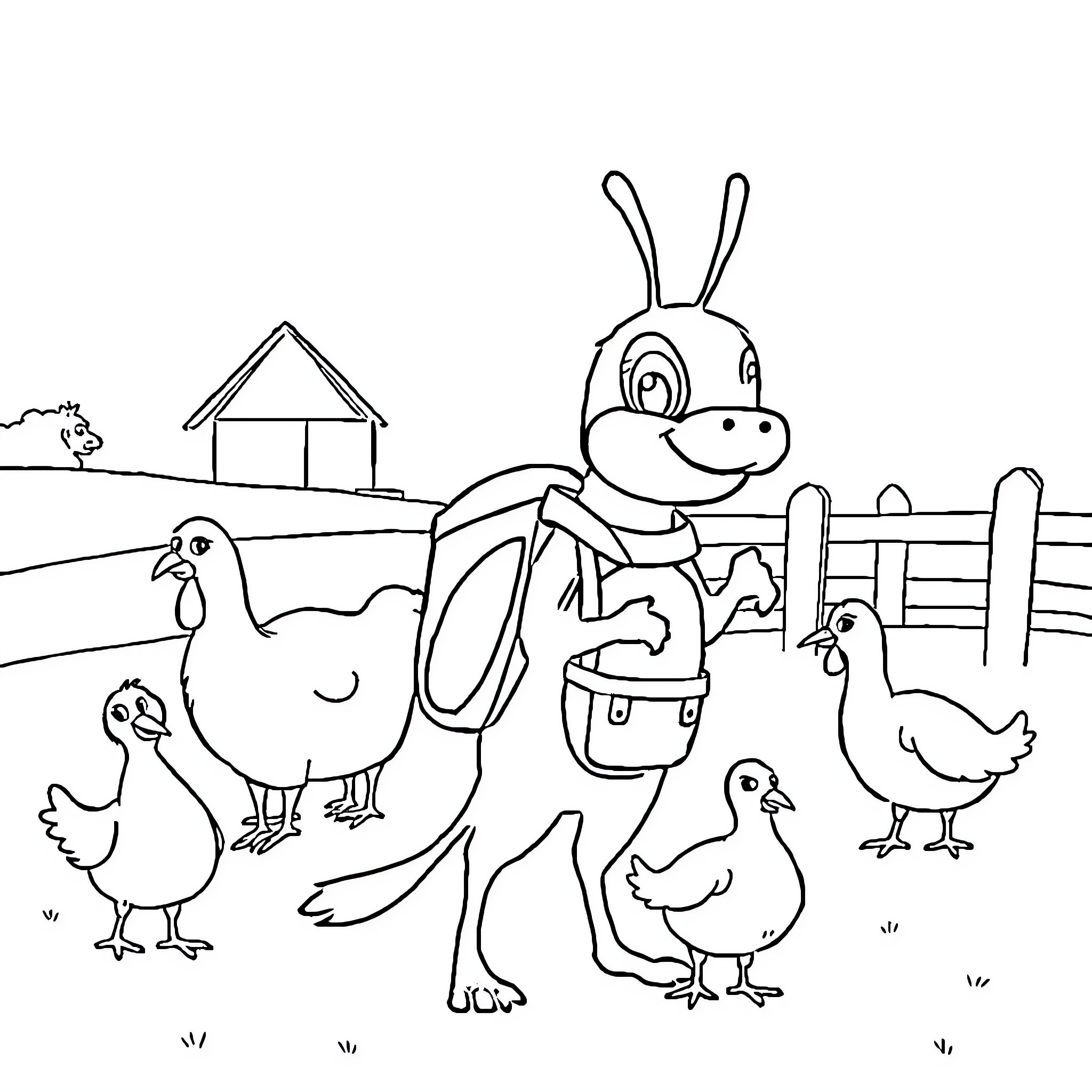 Paw Patrol characters on a farm with animals Coloring Page (free black-and-white line drawing printable PDF for all, from beginners to advanced learners, including children, teens, adults, and seniors)