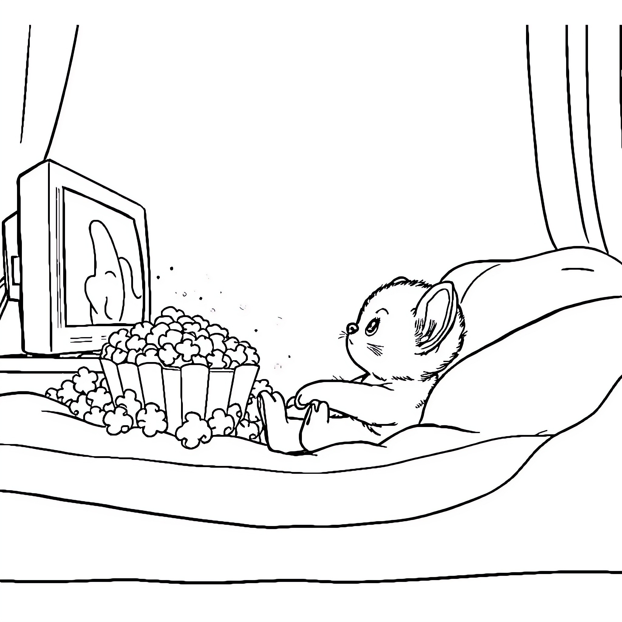 Puppy relaxing with snacks on the couch Coloring Page (free black-and-white line drawing printable PDF for all, from beginners to advanced learners, including children, teens, adults, and seniors)