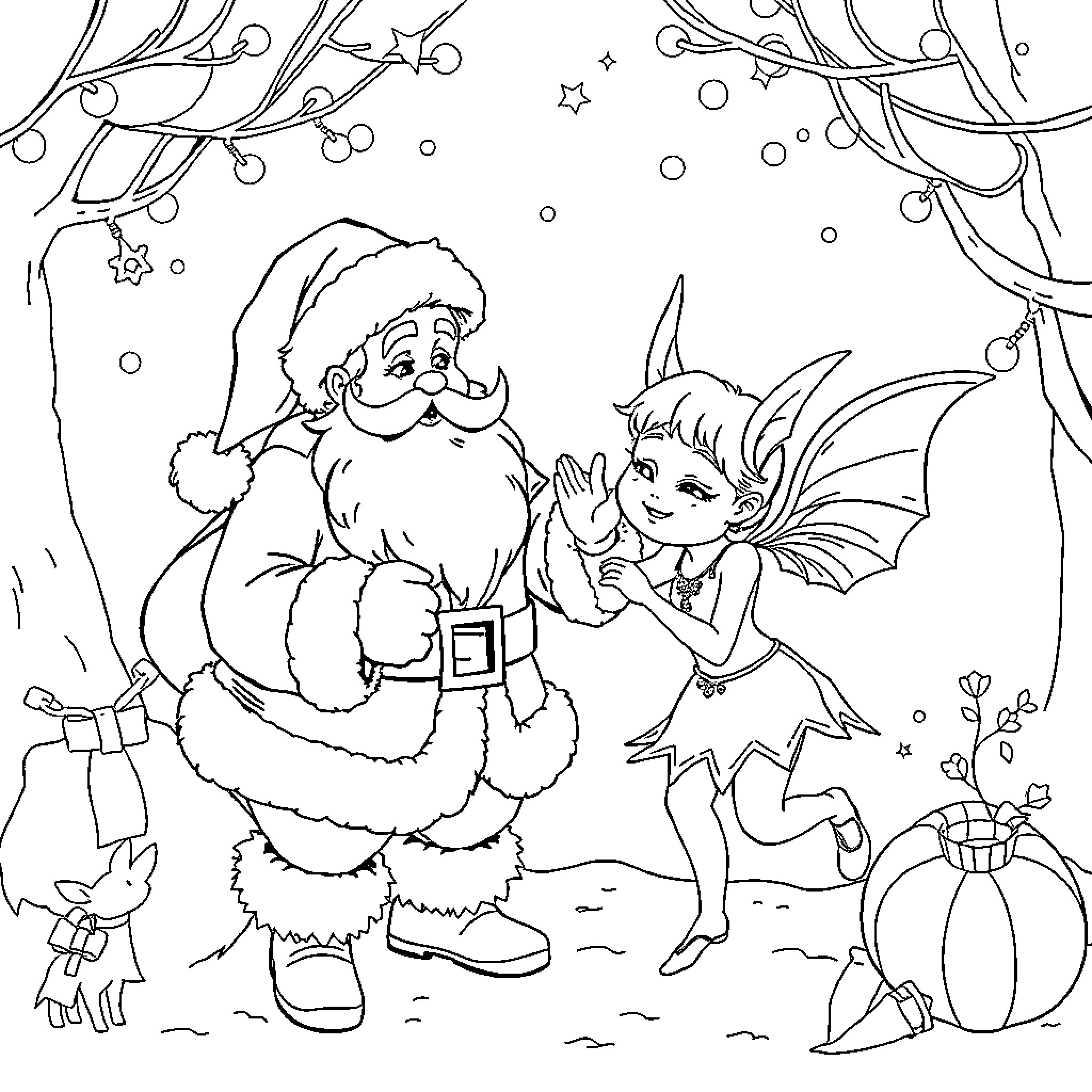 Santa and fairy in winter wonderland Coloring Page (free black-and-white line drawing printable PDF for all, from beginners to advanced learners, including children, teens, adults, and seniors)