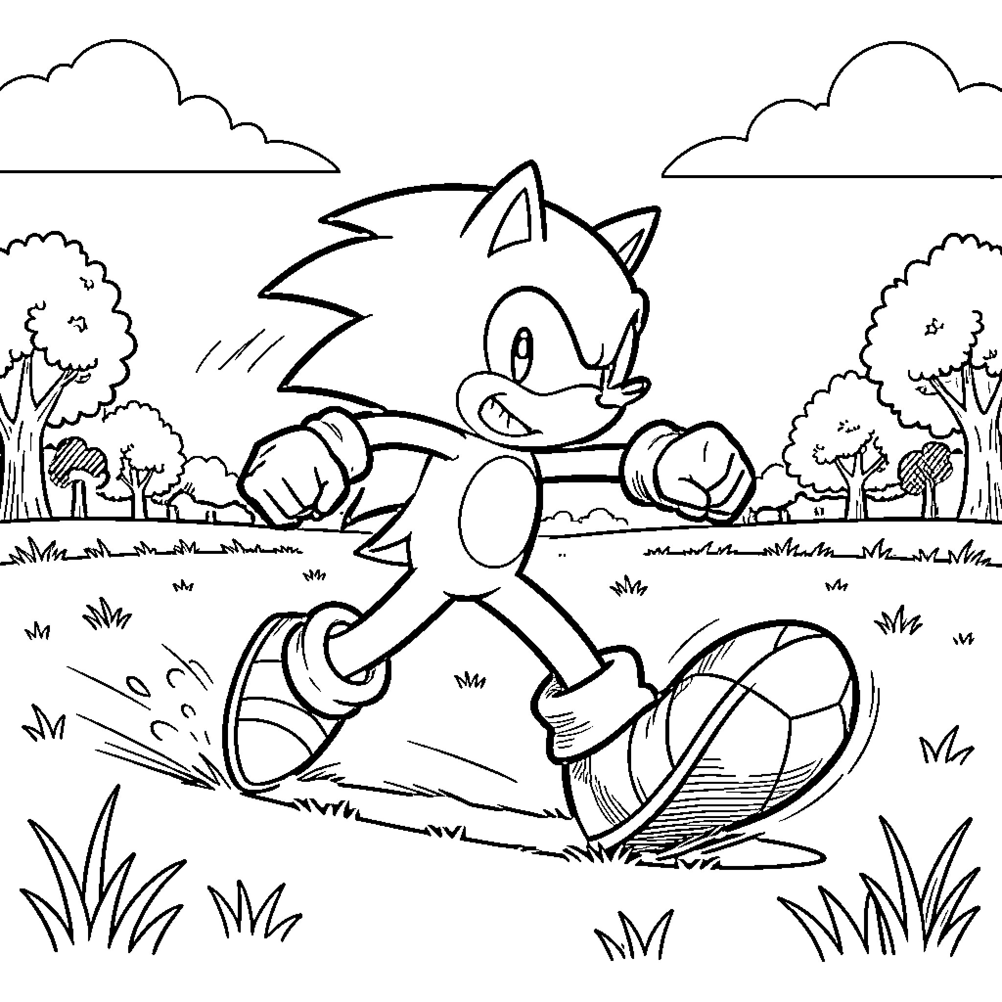 Sonic running fast through a grassy landscape Coloring Page (free black-and-white line drawing printable PDF for all, from beginners to advanced learners, including children, teens, adults, and seniors)