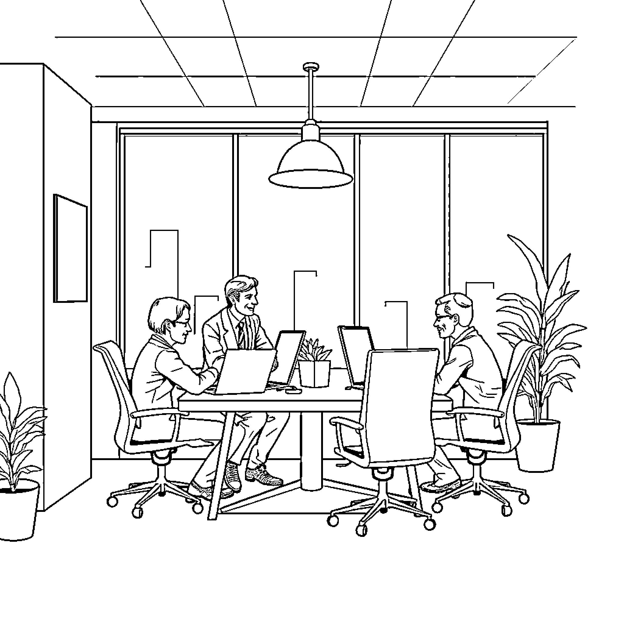 Apex Consultant Team Discussing Work in Office Coloring Page (free black-and-white line drawing printable PDF for all, from beginners to advanced learners, including children, teens, adults, and seniors)