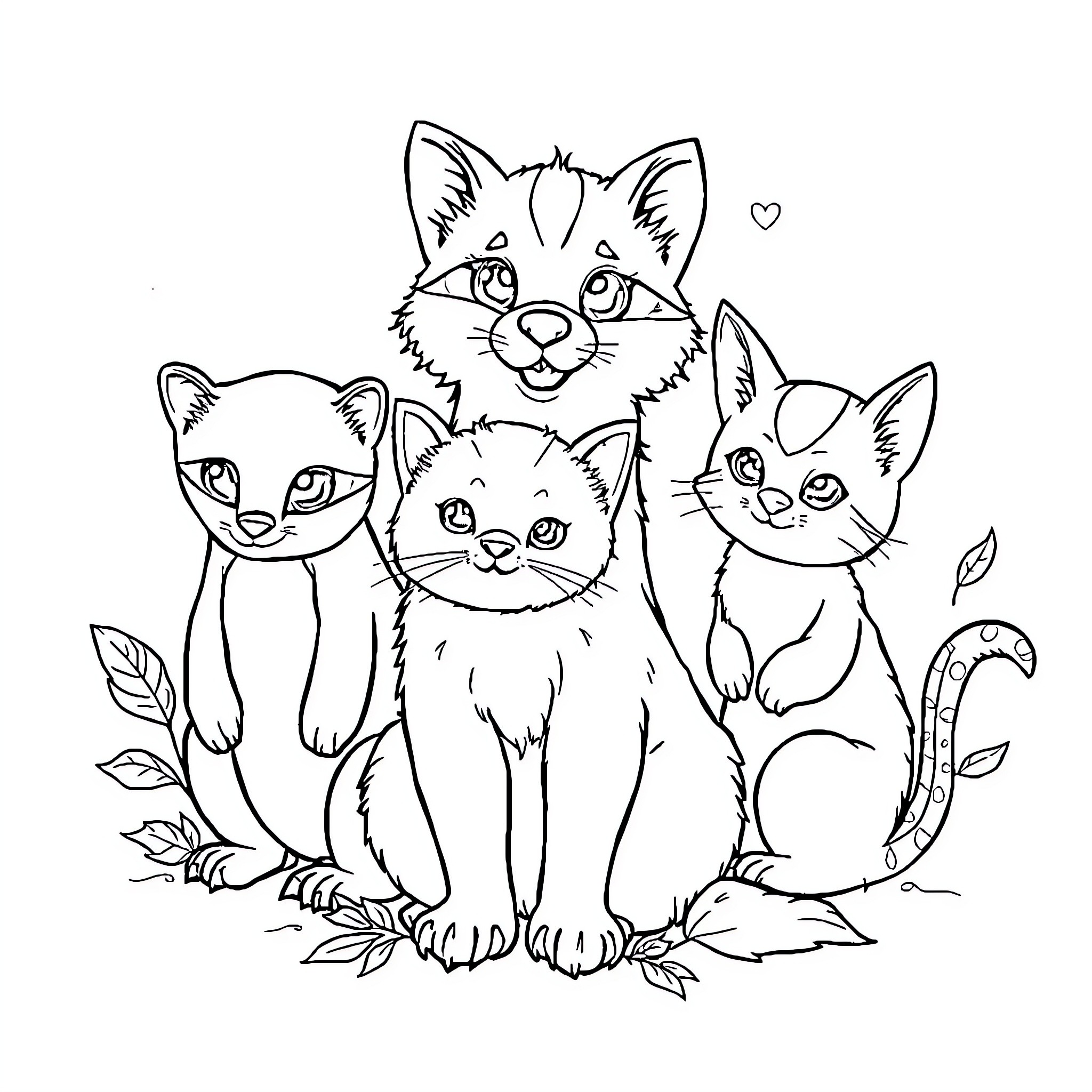 Number of Curious Kittens in Nature Coloring Page (free black-and-white line drawing printable PDF for all, from beginners to advanced learners, including children, teens, adults, and seniors)