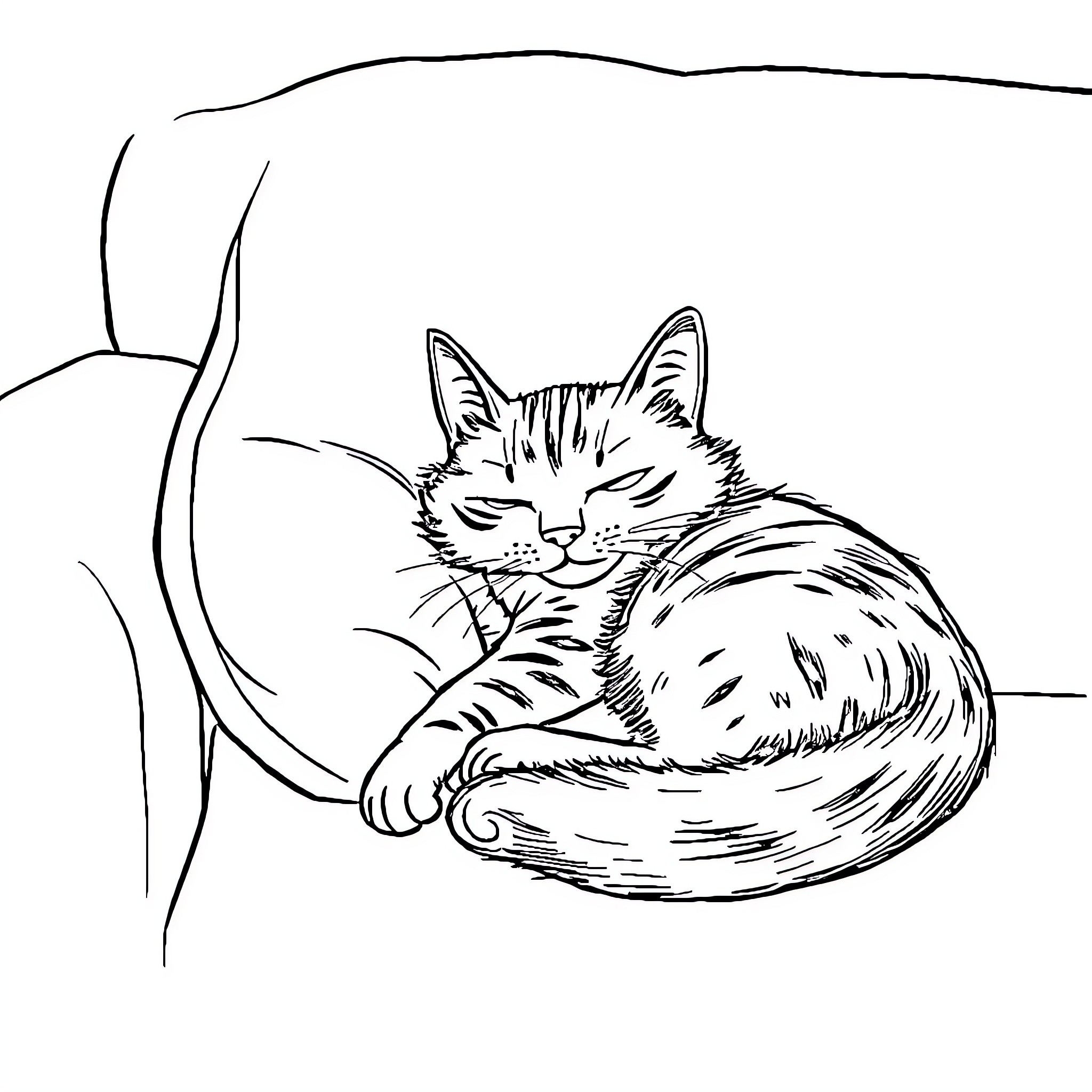 Cat sleeping peacefully in a cozy spot Coloring Page (free black-and-white line drawing printable PDF for all, from beginners to advanced learners, including children, teens, adults, and seniors)