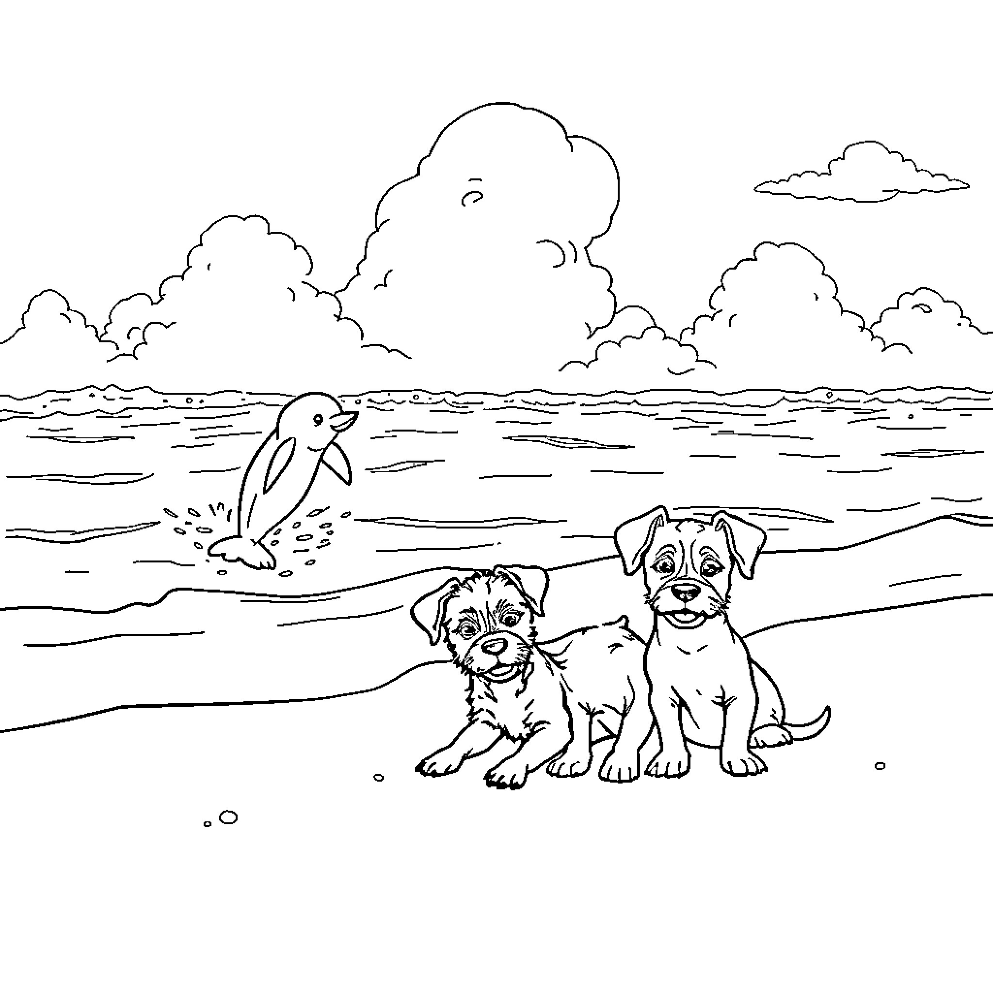 Dolphin playing with adorable puppies by the sea Coloring Page (free black-and-white line drawing printable PDF for all, from beginners to advanced learners, including children, teens, adults, and seniors)