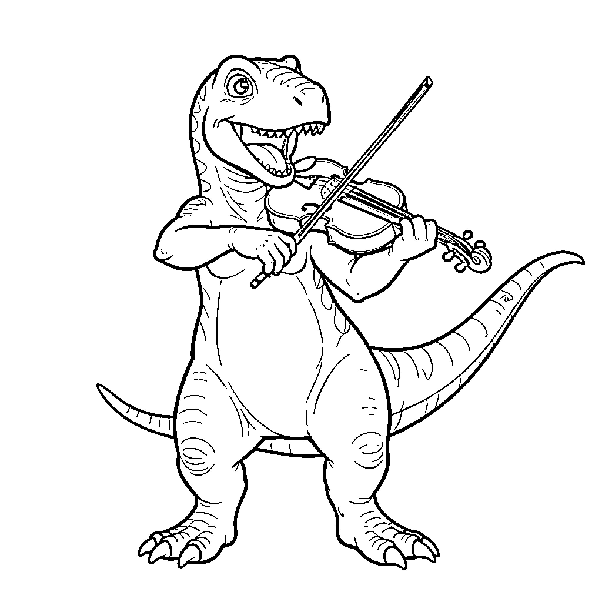 Dinosaure playing the violin with a happy expression Coloring Page (free black-and-white line drawing printable PDF for all, from beginners to advanced learners, including children, teens, adults, and seniors)
