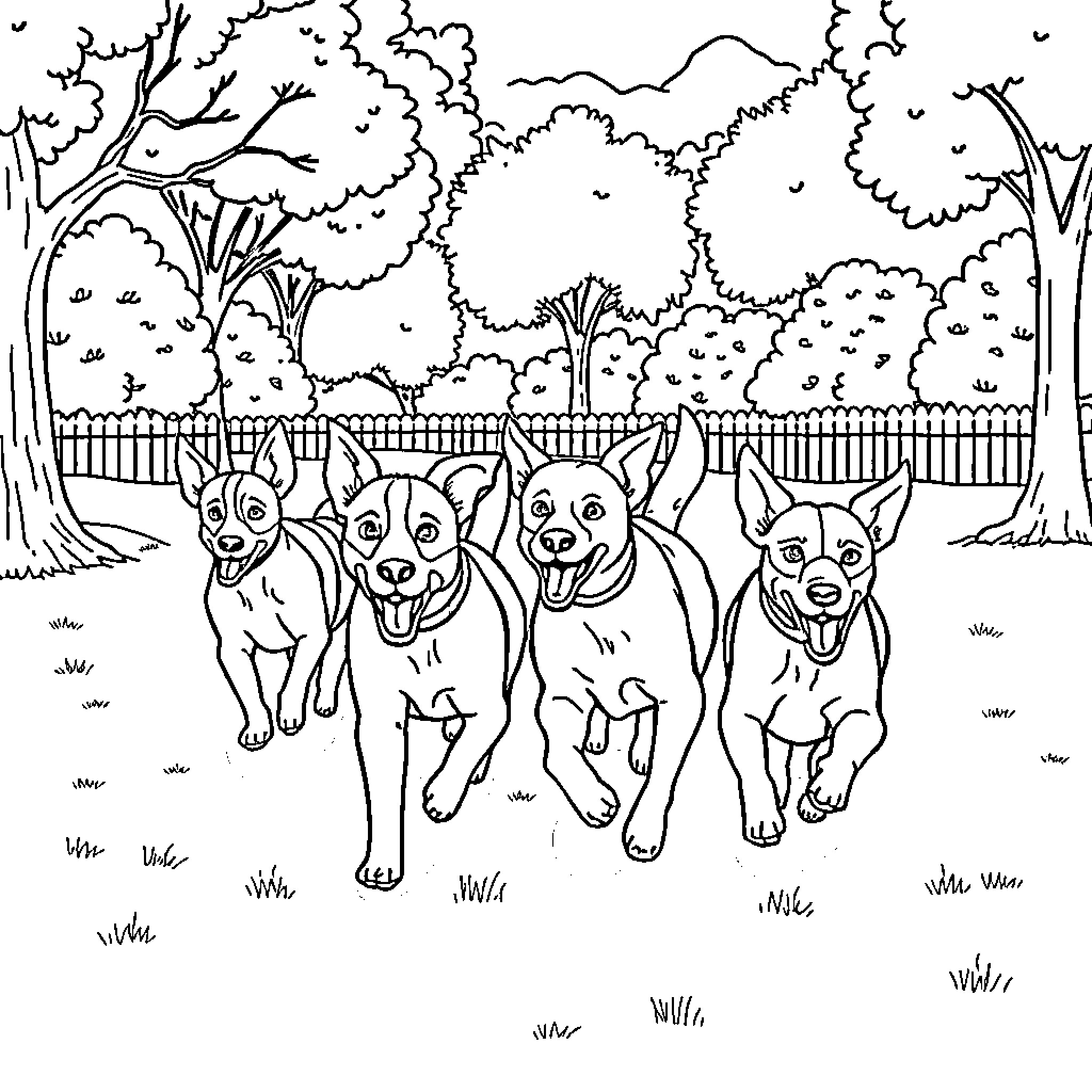 Dog friends playing happily in the park Coloring Page (free black-and-white line drawing printable PDF for all, from beginners to advanced learners, including children, teens, adults, and seniors)