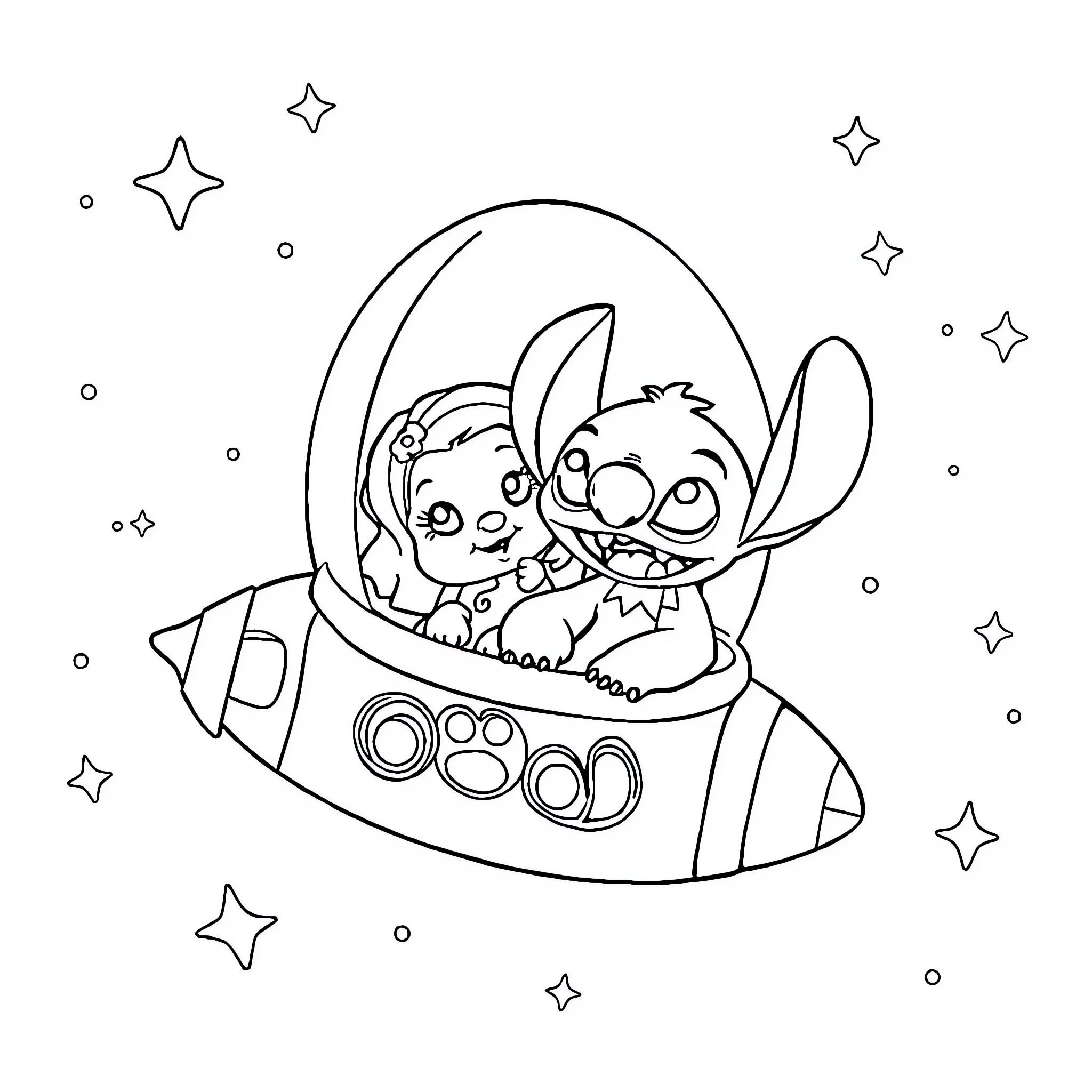 Lilo And Stitch Riding In A Spaceship Coloring Page (free black-and-white line drawing printable PDF for all, from beginners to advanced learners, including children, teens, adults, and seniors)