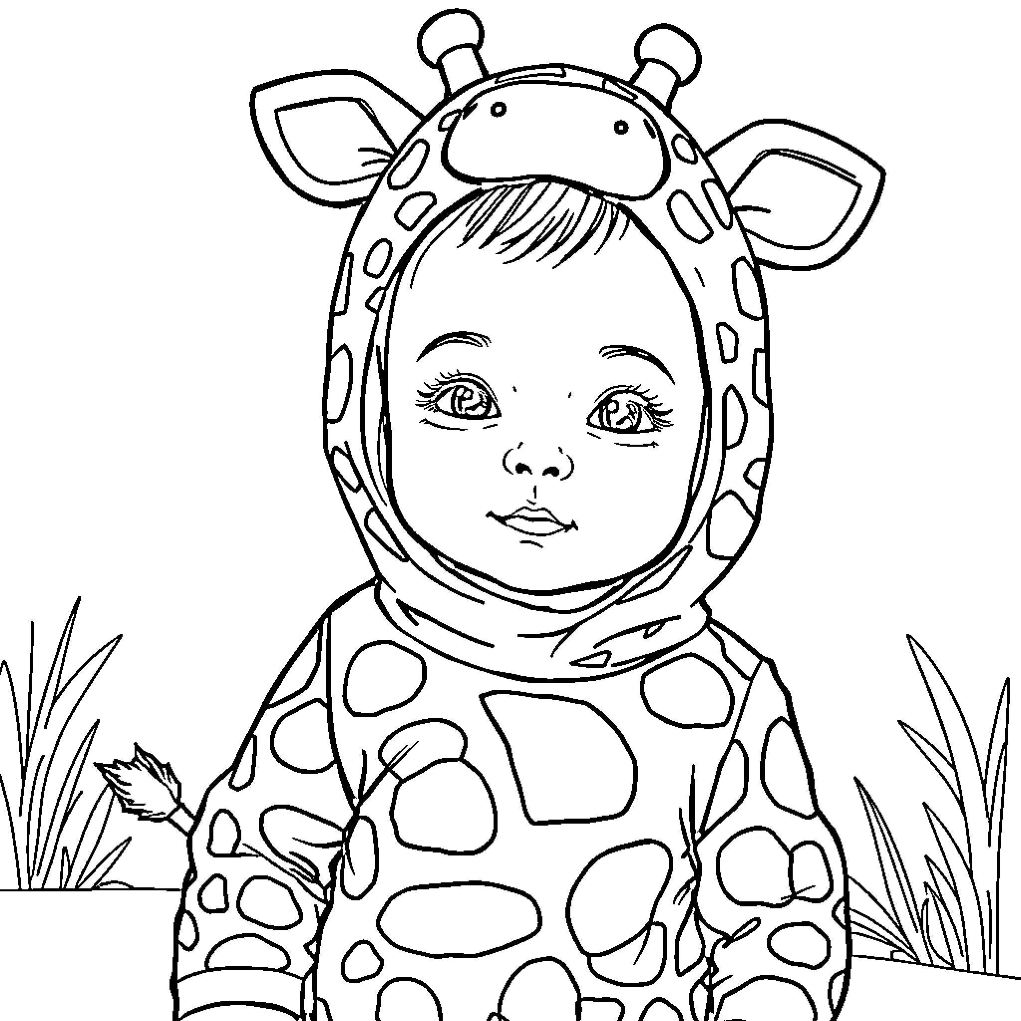 Baby in giraffe costume playing outdoors Coloring Page (free black-and-white line drawing printable PDF for all, from beginners to advanced learners, including children, teens, adults, and seniors)