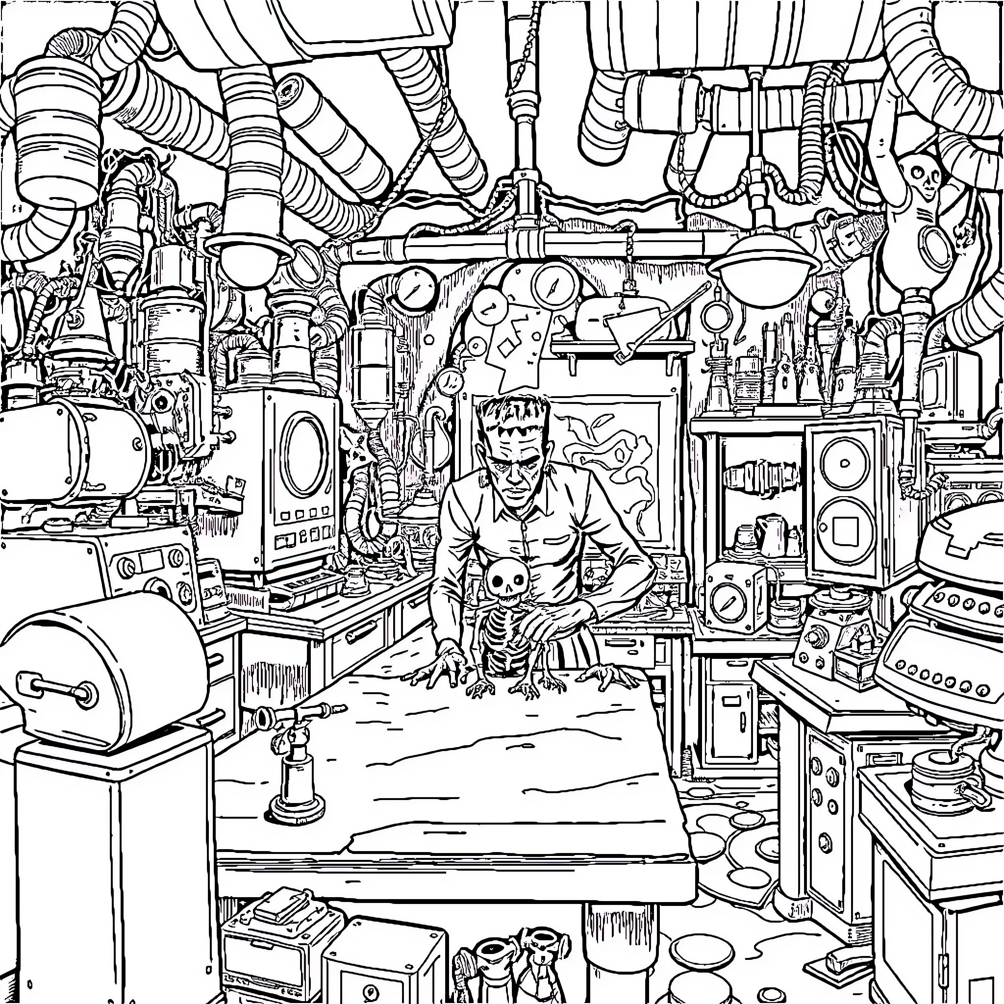 Frankenstein's Monstrous Lab of Curiosities Coloring Page (free black-and-white line drawing printable PDF for all, from beginners to advanced learners, including children, teens, adults, and seniors)
