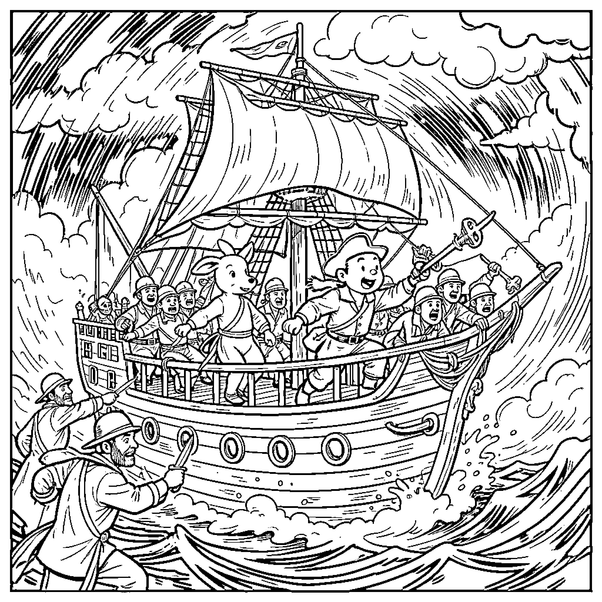 Tintin and the Crew Aboard a Stormy Voyage at Sea Coloring Page (free black-and-white line drawing printable PDF for all, from beginners to advanced learners, including children, teens, adults, and seniors)