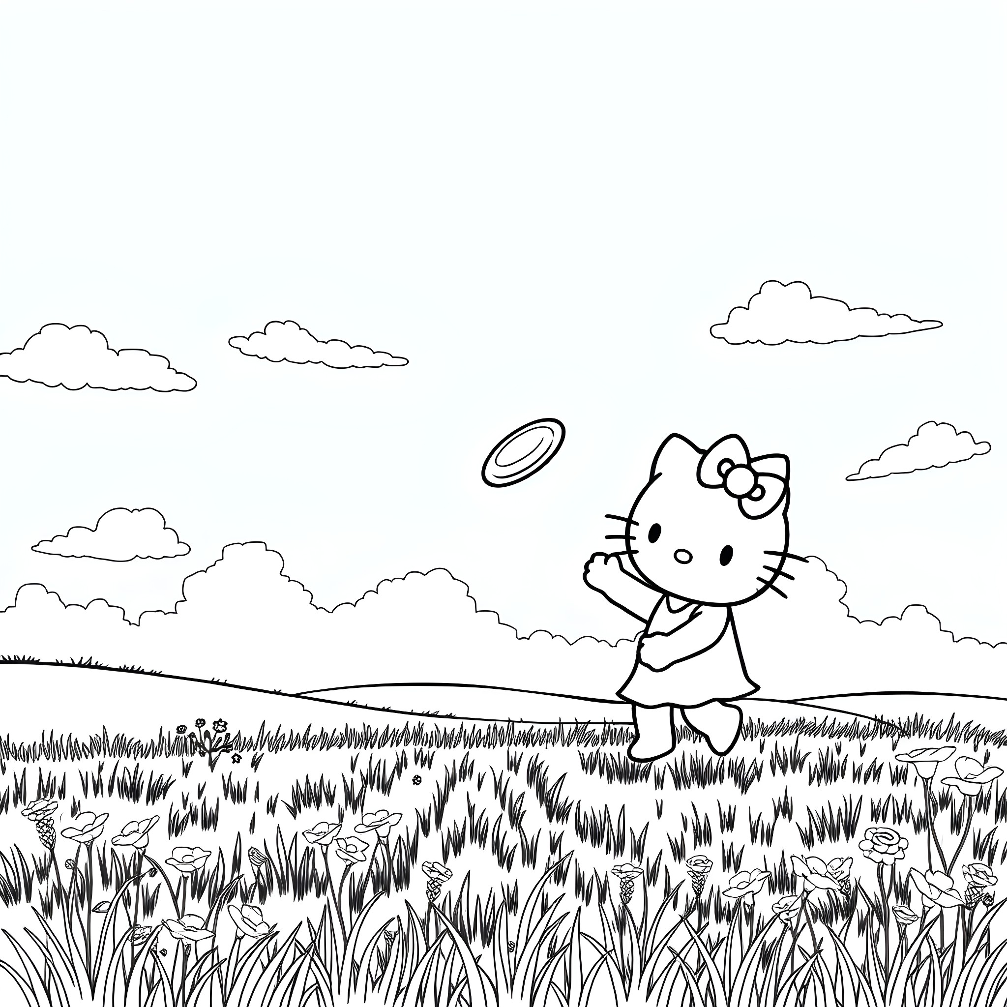 Hello Kitty playing in the grassy field Coloring Page (free black-and-white line drawing printable PDF for all, from beginners to advanced learners, including children, teens, adults, and seniors)