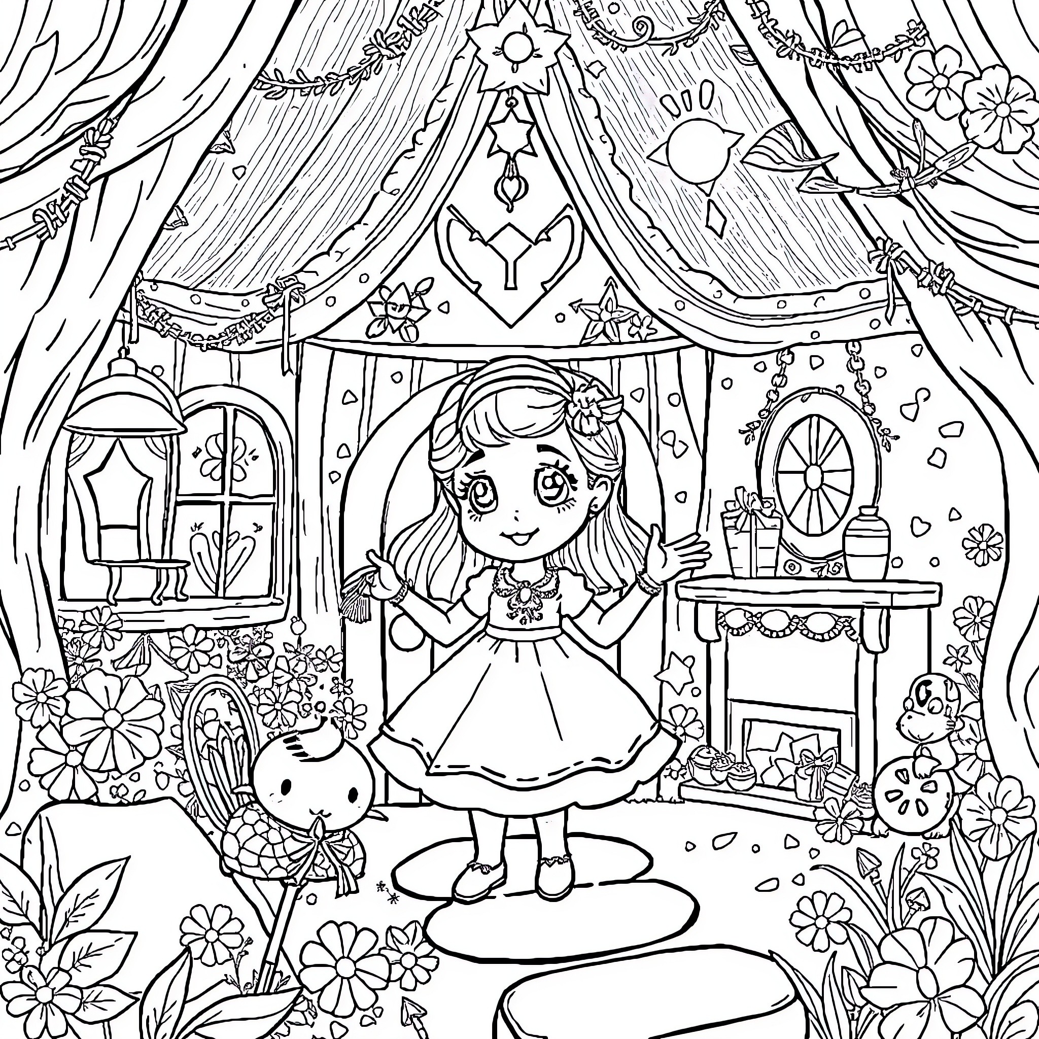 Gabby's Magical Wonderland Adventure Coloring Page (free black-and-white line drawing printable PDF for all, from beginners to advanced learners, including children, teens, adults, and seniors)