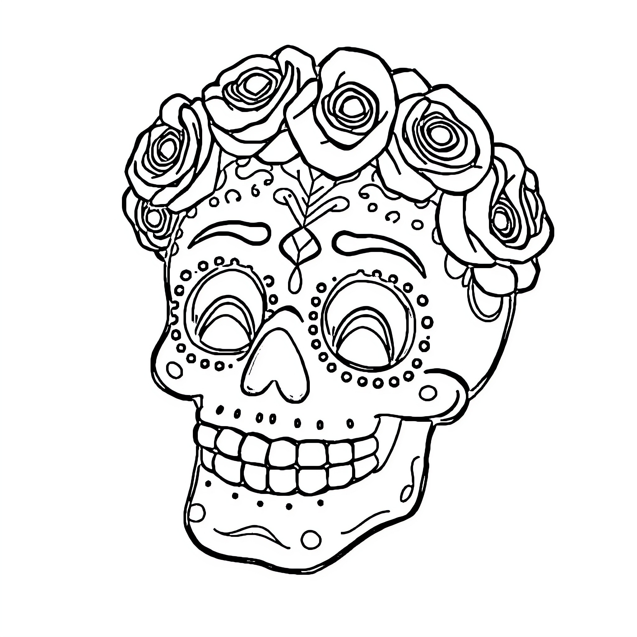 Calavera with Ornamental Floral Headdress Coloring Page (free black-and-white line drawing printable PDF for all, from beginners to advanced learners, including children, teens, adults, and seniors)